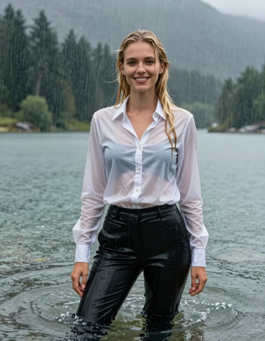 photo of young woman, in soaking wet, drenched clothes,
Black Long Business Trouser, White button down business shirt longsleeve, Clear Mountain lake with heavy rain, heavy rainstorm, 
enjoying, wet clothes stuck to body,
detailed textures of the wet clothes, wet face, wet plastered hair,
wet, drenched, professional, high-quality details, full body view.
sharp focus, ultra-high pixel detail, realistic, high-quality, full colors, incredibly detailed, 4k, 8k, 16k, hyper-realistic, RAW photo, masterpiece, ultra-detailed, professionally color graded, professional photograph, young blonde girl, completely submerged, swimming in deep water, under a big rainshower, fully clothed, completely soaked, fully drenched, completely wet, wetlook, heavy rain, side parting, long hair, rain storm, looks happy into camera, wet skin, wet clothes, damp fabric, clinging to body, wet skin, wet clothes, damp fabric, wet skin, wet clothes, damp fabric, wet skin, wet clothes, damp fabric, translucend fabric, wet skin, wet clothes, damp fabric