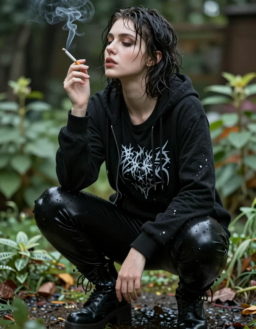 A photorealistic, highly detailed portrait of a beautiful young adult European gothic BBW woman with an hourglass figure, short stature, and a curvy physique. She is squatting in a lush garden, smoking a cigarette with a contemplative expression. Her skin and hair are visibly soaked, glistening with realistic water sheen and droplets. She wears tight, black, high-gloss wetlook pants that cling to her legs, a black hoodie worn over a black t-shirt featuring a band logo, and heavy black gothic boots. The fabric of her clothing is dark, heavy with moisture, and clings to her body with realistic folds and texture. The lighting is soft and natural, emphasizing the wet textures. Shot with a shallow depth of field, high-resolution photography, sharp focus on the subject, intricate textures, cinematic composition.