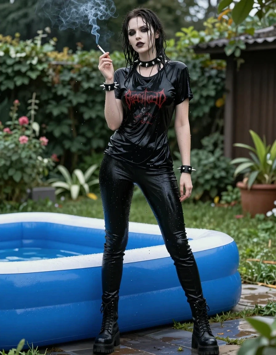 A photorealistic full-body shot of a beautiful young adult European gothic woman standing in a lush garden next to an inflatable pool. She is drenched, with wet, matted hair clinging to her face and water droplets running down her pale skin. She is wearing a black t-shirt featuring a band logo, which is completely soaked, clinging to her body and darkened by the water, paired with tight black pants that are heavy and saturated with moisture. She wears chunky black goth boots, a spiked leather collar, and matching spiked bracelets. She is captured in a relaxed standing pose, calmly smoking a cigarette with a wisp of smoke curling into the air. The lighting is natural daylight, highlighting the glossy sheen of the water on her skin and the heavy, clinging texture of the wet fabric. High-detail, sharp focus, 8k, cinematic photography.