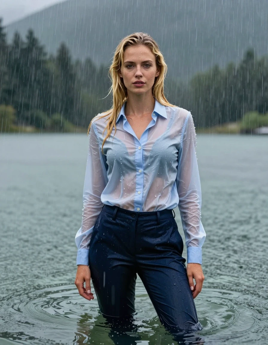 photo of young woman, in soaking wet, drenched clothes,
Dark Blue Long Business Trouser, Light Blue button down business shirt longsleeve, Clear Mountain lake with heavy rain, heavy rainstorm, 
enjoying, wet clothes stuck to body,
detailed textures of the wet clothes, wet face, wet plastered hair,
wet, drenched, professional, high-quality details, full body view.
sharp focus, ultra-high pixel detail, realistic, high-quality, full colors, incredibly detailed, 4k, 8k, 16k, hyper-realistic, RAW photo, masterpiece, ultra-detailed, professionally color graded, professional photograph, young blonde girl, completely submerged, swimming in deep water, under a big rainshower, fully clothed, completely soaked, fully drenched, completely wet, wetlook, heavy rain, side parting, long hair, rain storm, looks confidently into camera, wet skin, wet clothes, damp fabric, clinging to body, wet skin, wet clothes, damp fabric, wet skin, wet clothes, damp fabric, translucent shirt, wet skin, wet clothes, damp fabric, wet skin, wet clothes, damp fabric