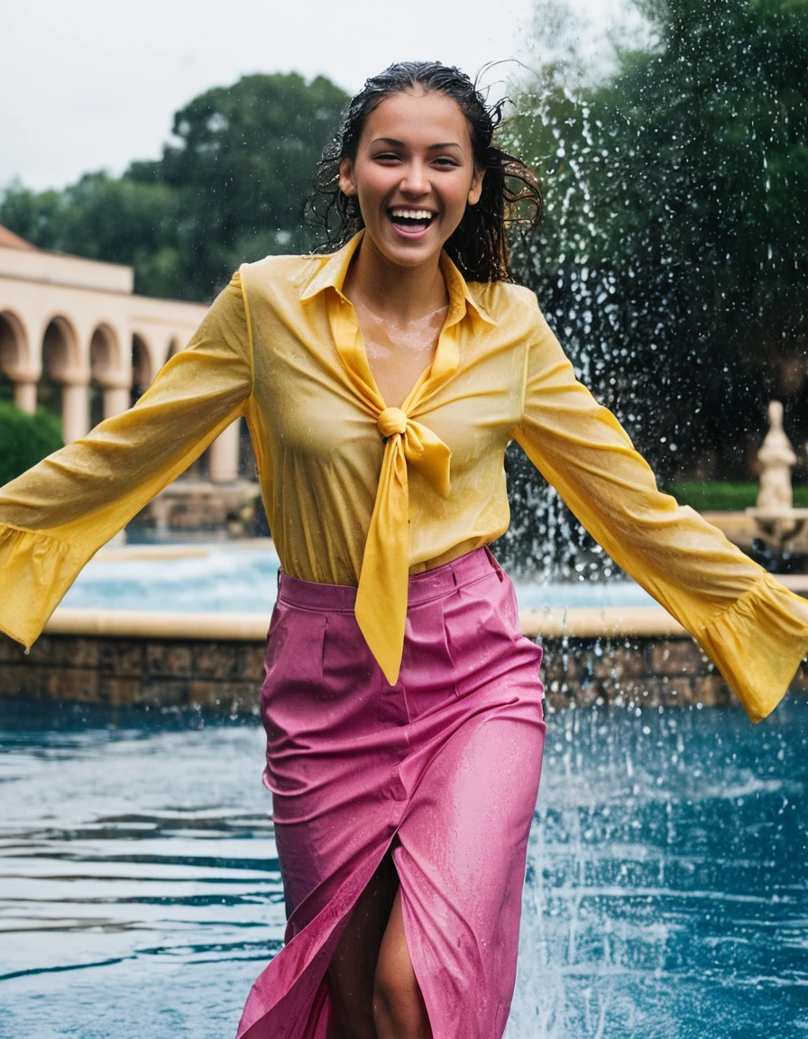 professional photo of young woman, in soaking wet, drenched clothes, wet clothes stuck to body, detailed textures of the wet clothes, wet face, wet plastered hair, wet, drenched, wet skin, damp fabric, wearing a necktie and a yellow long sleeved shirt with a pink maxi skirt, wearing heels, happy and joyful expression, standing inside a fountain, water splashing, full body view, detailed fabric texture, sharp focus, photorealistic, ultra-detailed fabric texture, realistic colors, RAW photo, professionally color graded