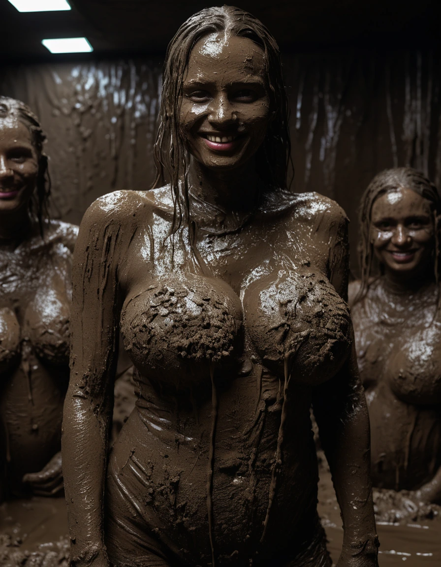 photo of young woman, in soaking wet, drenched clothes,
Muddy high heels, Long very muddy suit pants, Full muddy ruined fully-opened unbuttoned sexy blazer like a fancy uniform over topless with super sexy cleavage and exposed extreme huge saggy hanging boobs., Dark muddy indoor disco club at night. Deep mud on the floor, mud splashed walls, dripping mud from above, very dark mood lighting with pink and blue neon lights from above. Muddy chairs and sofas in the background. , 
enjoying, wet clothes stuck to body,
detailed textures of the wet clothes, wet face, wet plastered hair,
wet, drenched, professional, high-quality details, full body view.
sharp focus, ultra-high pixel detail, realistic, high-quality, full colors, incredibly detailed, 4k, 8k, 16k, hyper-realistic, RAW photo, masterpiece, ultra-detailed, professionally color graded, professional photograph, Three stunning blonde 60 years old beautiful gleaming grannies are wallowing together in the deep muddy pool after a full dip in it and holding a glass of champagne in their hands during the crazy muddy indoor disco party at night and posing for a professional photo. They are proudly wearing their fully and heavily mud-covered unbuttoned and opened sexy suits which fully exposing their amazingly huge sexy and saggy muddy boobs. Focus on the large muddy cleavages of the blazers and on the bravely displayed super huge muddy heavy saggy boobs. Every small details of the clothes are muddy, muddy beautiful faces, muddy chests and huge saggy boobs. Their blazer has the same colour as their muddy pants. The classy elegant disco club is totally destroyed by mud, mud spots everywhere, mud flows down on the walls, mud on the furnitures in the background. Straight muddy very long open wavy hairstyle, muddy hair, smiling and satisfied beautiful muddy faces, blue eyes, necklaces, earrings, lipstick. The women are enjoying to being total muddy in the muddy pool, being sexy, naughty while they are enjoying the muddy fetish party. Realistic huge heavy saggy muddy boobs and photorealistic detailed smiling facial expressions. Intimate close-up picture about the women. Close-up photo from front view, highly realistic representation, ultra sharp focus, highly photorealistic detailed textures, highly photorealistic detailed facial features and expressions, highly photorealistic hands, highly emotional reactions, highly best quality, highly sharp photorealistic image, highly photorealistic details, full UHD resolution, 32 K, very high level of detail and image sharpness, zoomed in, dry skin, dry clothes, dry fabric, dry skin, dry clothes, dry fabric, dry skin, dry clothes, dry fabric, dry skin, dry clothes, dry fabric, dry skin, dry clothes, dry fabric, dry skin, dry clothes, dry fabric, dry skin, dry clothes, dry fabric, dry skin, dry clothes, dry fabric, wet skin, wet clothes, damp fabric