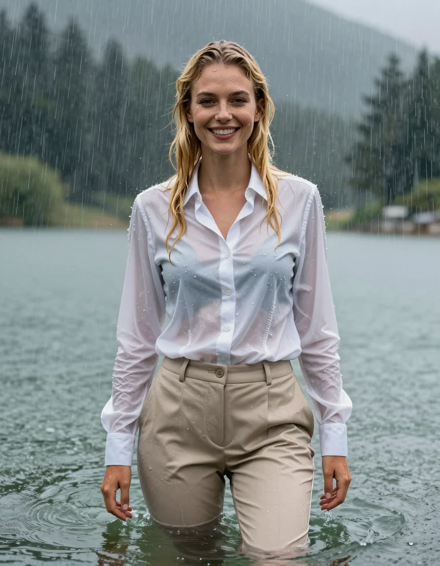 photo of young woman, in soaking wet, drenched clothes,
Beige Long Business Trouser, white button down business shirt longsleeve, Clear Mountain lake with heavy rain, heavy rainstorm, 
enjoying, wet clothes stuck to body,
detailed textures of the wet clothes, wet face, wet plastered hair,
wet, drenched, professional, high-quality details, full body view.
sharp focus, ultra-high pixel detail, realistic, high-quality, full colors, incredibly detailed, 4k, 8k, 16k, hyper-realistic, RAW photo, masterpiece, ultra-detailed, professionally color graded, professional photograph, young blonde girl, completely submerged, swimming in deep water, under a big rainshower, fully clothed, completely soaked, fully drenched, completely wet, wetlook, heavy rain, side parting, long hair, rain storm, looks happy into camera, wet skin, wet clothes, damp fabric, clinging to body, wet skin, wet clothes, damp fabric, wet skin, wet clothes, damp fabric, wet skin, wet clothes, damp fabric, translucent fabric, shirt tight tucked into trouser, wet skin, wet clothes, damp fabric