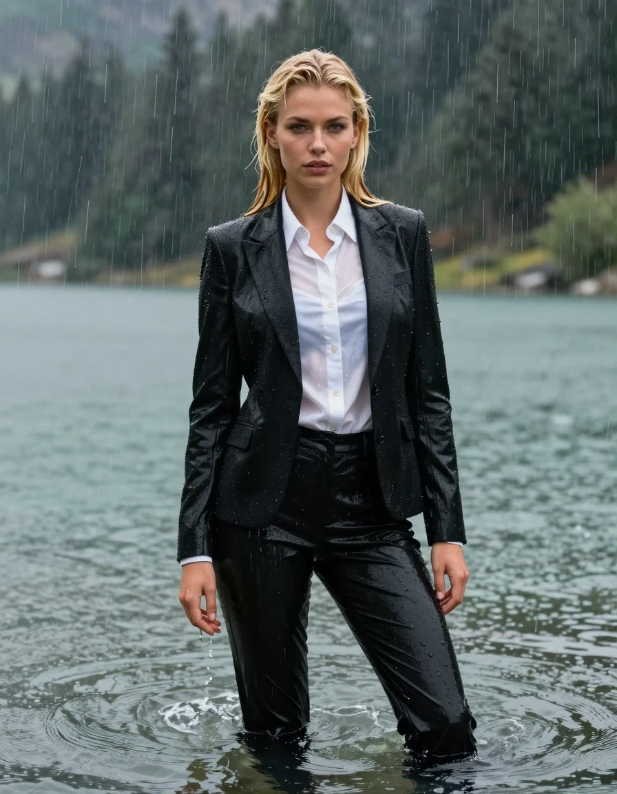 photo of young woman, in soaking wet, drenched clothes,
black Long Business Trouser, Black Business Suit Jacket with white button down business shirt longsleeve, Clear Mountain lake with heavy rain, heavy rainstorm, 
enjoying, wet clothes stuck to body,
detailed textures of the wet clothes, wet face, wet plastered hair,
wet, drenched, professional, high-quality details, full body view.
sharp focus, ultra-high pixel detail, realistic, high-quality, full colors, incredibly detailed, 4k, 8k, 16k, hyper-realistic, RAW photo, masterpiece, ultra-detailed, professionally color graded, professional photograph, young blonde girl, completely submerged, swimming in deep water, under a big rainshower, fully clothed, completely soaked, fully drenched, completely wet, wetlook, heavy rain, side parting, long hair, rain storm, looks confidently into camera, wet skin, wet clothes, damp fabric, clinging to body, wet skin, wet clothes, damp fabric, wet skin, wet clothes, damp fabric, translucent shirt, wet skin, wet clothes, damp fabric
