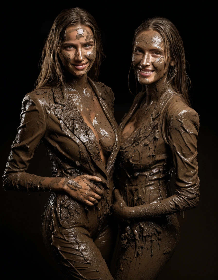 photo of young woman, in soaking wet, drenched clothes,
Muddy high heels, Long very muddy suit pants, Full muddy ruined fully-opened unbuttoned sexy blazer like a fancy uniform over topless with super sexy cleavage and exposed extreme huge saggy hanging boobs., Dark muddy indoor disco club at night. Deep mud on the floor, mud splashed walls, dripping mud from above, very dark mood lighting with pink and blue neon lights from above. Muddy chairs and sofas in the background. , 
enjoying, wet clothes stuck to body,
detailed textures of the wet clothes, wet face, wet plastered hair,
wet, drenched, professional, high-quality details, full body view.
sharp focus, ultra-high pixel detail, realistic, high-quality, full colors, incredibly detailed, 4k, 8k, 16k, hyper-realistic, RAW photo, masterpiece, ultra-detailed, professionally color graded, professional photograph, Two stunning blonde 40 years old beautiful gleaming women are wallowing together in the deep muddy pool after a full dip in it and holding a glass of champagne in their hands during the crazy muddy indoor disco party at night and posing for a professional photo. They are proudly wearing their fully and heavily mud-covered unbuttoned and opened sexy suits which fully exposing their amazingly huge sexy and saggy muddy boobs. Focus on the large muddy cleavages of the blazers and on the bravely displayed super huge muddy heavy saggy boobs. Every small details of the clothes are muddy, muddy beautiful faces, muddy chests and huge saggy boobs. Their blazer has the same colour as their muddy pants. The classy elegant disco club is totally destroyed by mud, mud spots everywhere, mud flows down on the walls, mud on the furnitures in the background. Straight muddy very long open wavy hairstyle, muddy hair, smiling and satisfied beautiful muddy faces, blue eyes, necklaces, earrings, lipstick. The women are enjoying to being total muddy in the muddy pool, being sexy, naughty while they are enjoying the muddy fetish party. Realistic huge heavy saggy muddy boobs and photorealistic detailed smiling facial expressions. Intimate close-up picture about the women. Close-up photo from front view, highly realistic representation, ultra sharp focus, highly photorealistic detailed textures, highly photorealistic detailed facial features and expressions, highly photorealistic hands, highly emotional reactions, highly best quality, highly sharp photorealistic image, highly photorealistic details, full UHD resolution, 32 K, very high level of detail and image sharpness, zoomed in, wet skin, wet clothes, damp fabric