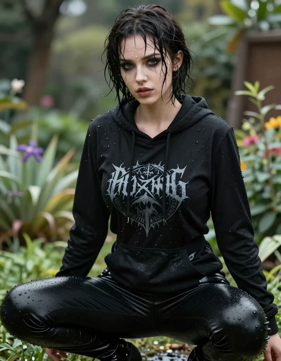 A photorealistic, high-detail portrait of a beautiful young adult European gothic BBW woman with a short, curvy hourglass figure, squatting in a lush garden. Her skin and hair are glistening with realistic wetness, with droplets clinging to her face and damp strands of hair sticking to her forehead. She is wearing a black hoodie layered over a black t-shirt featuring a detailed band logo; the fabric of the hoodie and shirt is visibly soaked, dark, heavy, and clinging to her body. She wears tight black shiny pants that have a wet, high-gloss finish with water sheen and deep, realistic folds. The setting is a verdant garden with soft, natural overcast lighting that highlights the texture of the wet clothing and skin. The image is captured with a shallow depth of field, sharp focus on the subject, cinematic lighting, 8k resolution, highly detailed textures, realistic wet fabric physics, and professional photography style.