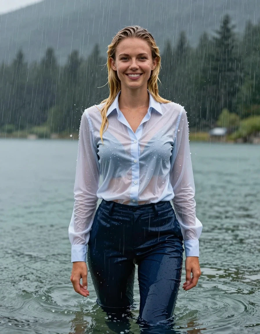 photo of young woman, in soaking wet, drenched clothes,
Dark Blue Long Business Trouser, Light Blue button down business shirt longsleeve, Clear Mountain lake with heavy rain, heavy rainstorm, 
enjoying, wet clothes stuck to body,
detailed textures of the wet clothes, wet face, wet plastered hair,
wet, drenched, professional, high-quality details, full body view.
sharp focus, ultra-high pixel detail, realistic, high-quality, full colors, incredibly detailed, 4k, 8k, 16k, hyper-realistic, RAW photo, masterpiece, ultra-detailed, professionally color graded, professional photograph, young blonde girl, completely submerged, swimming in deep water, under a big rainshower, fully clothed, completely soaked, fully drenched, completely wet, wetlook, heavy rain, side parting, long hair, rain storm, looks happy into camera, wet skin, wet clothes, damp fabric, clinging to body, wet skin, wet clothes, damp fabric, wet skin, wet clothes, damp fabric, wet skin, wet clothes, damp fabric, translucent fabric, wet skin, wet clothes, damp fabric