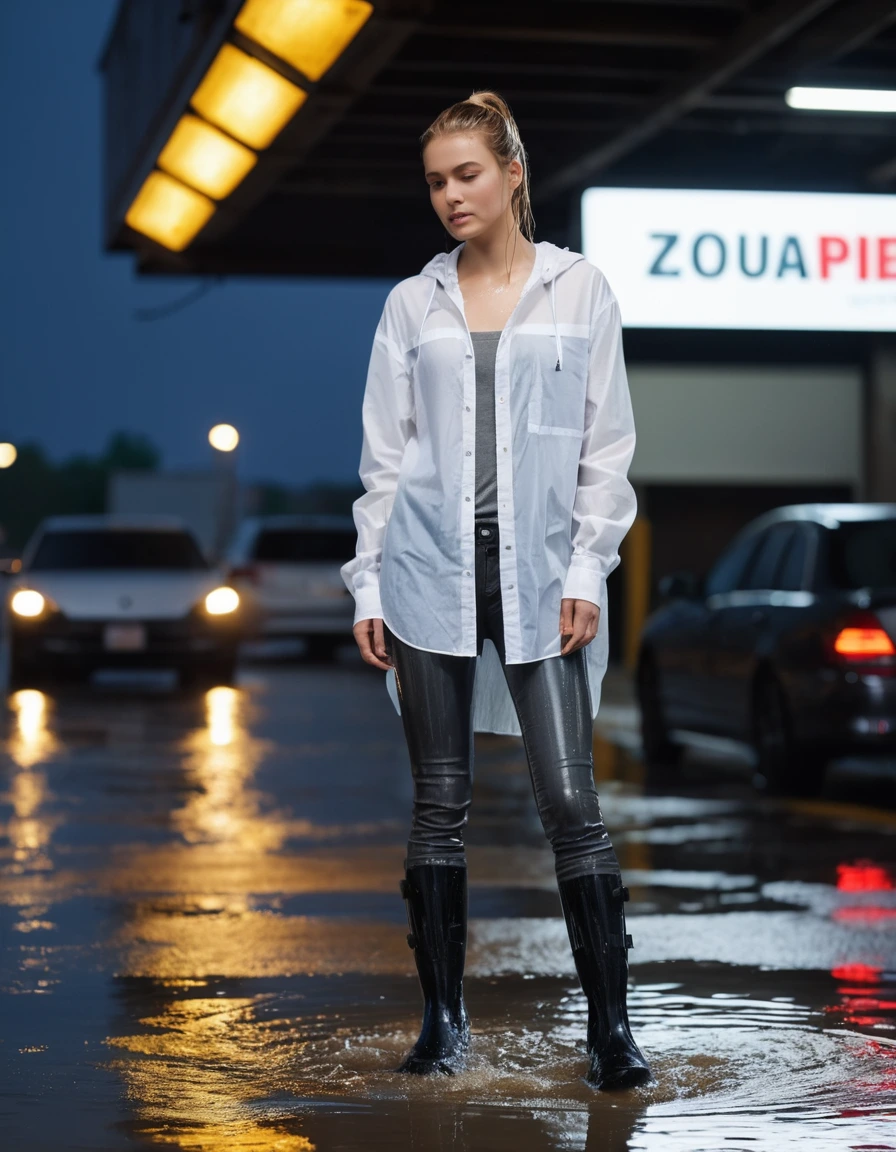 photo of young woman, in soaking wet, drenched clothes,
black rubber Chelsea rain boots, slick and shiny, dark charcoal skinny denim jeans, visibly saturated and clinging to skin, oversized white button-down shirt, translucent and soaked, layered over a fitted grey tank top, under the concrete overhang of a parking garage entrance at night, city street cafe neon lights reflecting in puddles, 
enjoying, wet clothes stuck to body,
detailed textures of the wet clothes, wet face, wet plastered hair,
wet, drenched, professional, high-quality details, full body view.
sharp focus, ultra-high pixel detail, realistic, high-quality, full colors, incredibly detailed, 4k, 8k, 16k, hyper-realistic, RAW photo, masterpiece, ultra-detailed, professionally color graded, professional photograph, subject is wringing out her wet ponytail, cinematic rainy-night atmosphere, water droplets dripping from fabric, high-fidelity fabric texture, photorealistic lifestyle photography, rich natural color, balanced bright exposure, softly lifted shadows, medium full-body shot, dramatic side-angle framing, wet skin, wet clothes, damp fabric