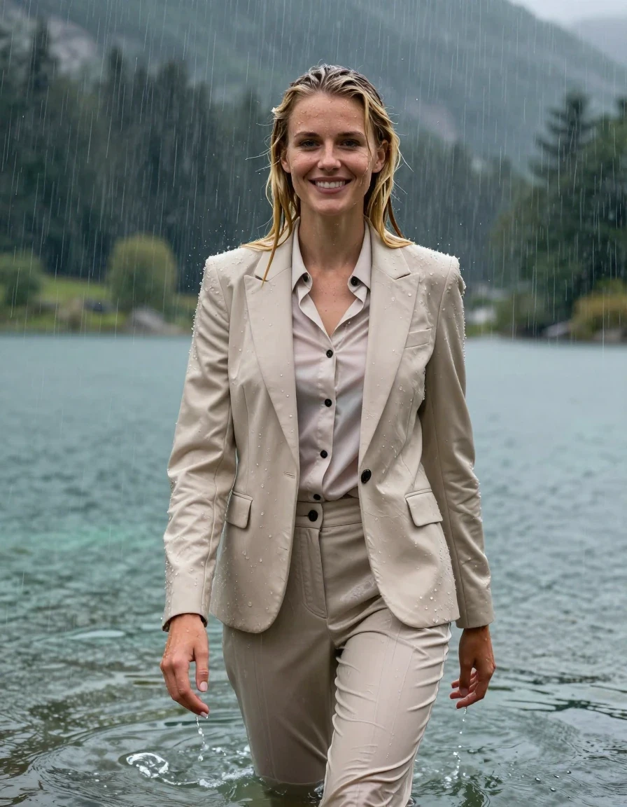 photo of young woman, in soaking wet, drenched clothes,
Beige Long Business Trouser, Beige Business Suit Jacket with Black button down business shirt longsleeve, Clear Mountain lake with heavy rain, heavy rainstorm, 
enjoying, wet clothes stuck to body,
detailed textures of the wet clothes, wet face, wet plastered hair,
wet, drenched, professional, high-quality details, full body view.
sharp focus, ultra-high pixel detail, realistic, high-quality, full colors, incredibly detailed, 4k, 8k, 16k, hyper-realistic, RAW photo, masterpiece, ultra-detailed, professionally color graded, professional photograph, young blonde girl, completely submerged, swimming in deep water, under a big rainshower, fully clothed, completely soaked, fully drenched, completely wet, wetlook, heavy rain, side parting, long hair, rain storm, looks happy into camera, wet skin, wet clothes, damp fabric, clinging to body, wet skin, wet clothes, damp fabric, wet skin, wet clothes, damp fabric, wet skin, wet clothes, damp fabric, wet skin, wet clothes, damp fabric