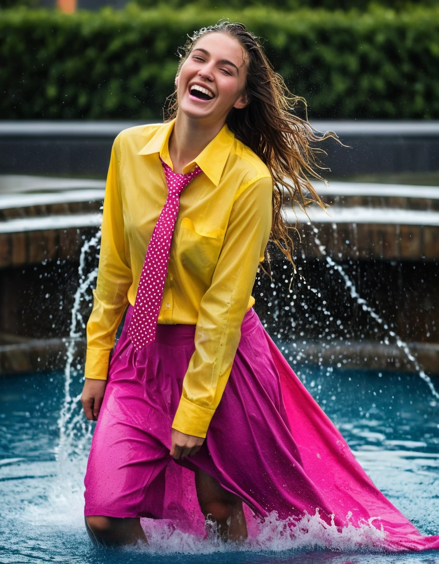 professional photo of young woman, in soaking wet, drenched clothes, wet clothes stuck to body, detailed textures of the wet clothes, wet face, wet plastered hair, wet, drenched, wet skin, damp fabric, wearing a yellow long sleeved shirt and a necktie, wearing a pink maxi skirt, wearing heels, happy and joyful expression, posing in a fountain, water splashing, full body view, detailed fabric texture, sharp focus, photorealistic, ultra-detailed fabric texture, realistic colors, RAW photo, professionally color graded