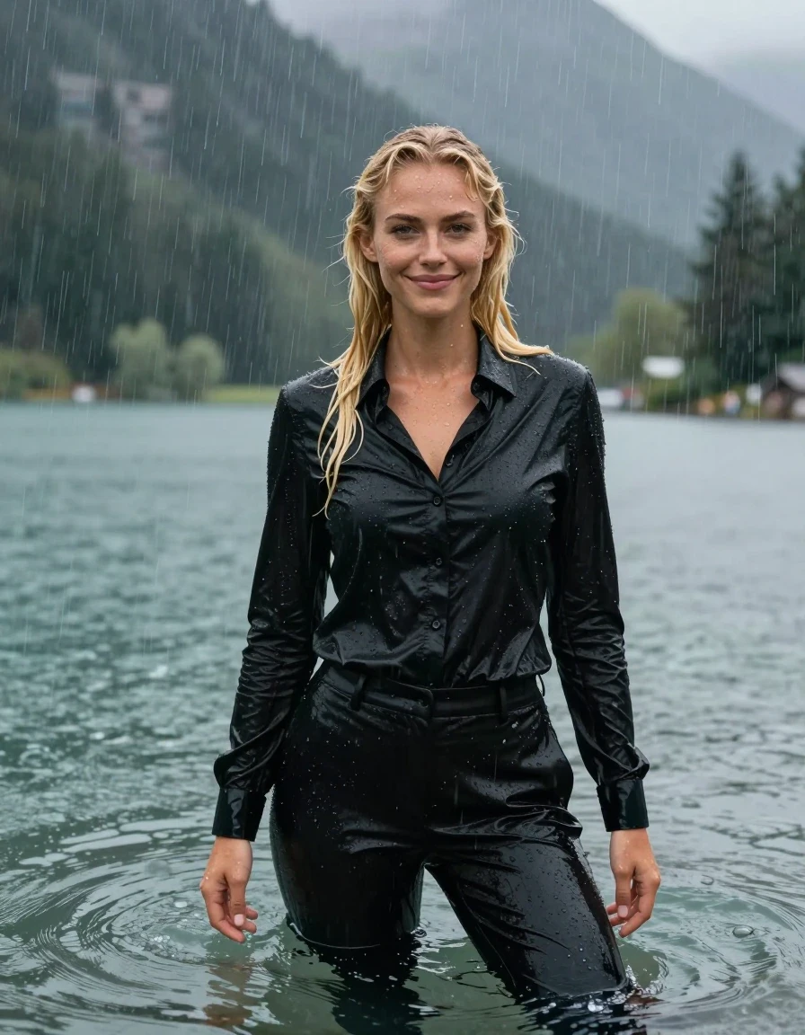 photo of young woman, in soaking wet, drenched clothes,
Black Long Business Trouser, Black button down business shirt longsleeve, Clear Mountain lake with heavy rain, heavy rainstorm, 
enjoying, wet clothes stuck to body,
detailed textures of the wet clothes, wet face, wet plastered hair,
wet, drenched, professional, high-quality details, full body view.
sharp focus, ultra-high pixel detail, realistic, high-quality, full colors, incredibly detailed, 4k, 8k, 16k, hyper-realistic, RAW photo, masterpiece, ultra-detailed, professionally color graded, professional photograph, young blonde girl, completely submerged, swimming in deep water, under a big rainshower, fully clothed, completely soaked, fully drenched, completely wet, wetlook, heavy rain, side parting, long hair, rain storm, looks happy into camera, wet skin, wet clothes, damp fabric, clinging to body, wet skin, wet clothes, damp fabric, wet skin, wet clothes, damp fabric, wet skin, wet clothes, damp fabric, wet skin, wet clothes, damp fabric