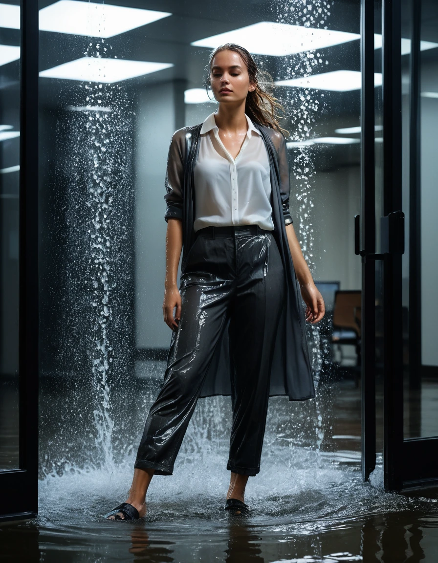 photo of young woman, in soaking wet, drenched clothes,
wet leather loafers, dark brown, clinging charcoal gray dress trousers, sheer white silk blouse, completely drenched and translucent, illuminated office building entrance at night, 
enjoying, wet clothes stuck to body,
detailed textures of the wet clothes, wet face, wet plastered hair,
wet, drenched, professional, high-quality details, full body view.
sharp focus, ultra-high pixel detail, realistic, high-quality, full colors, incredibly detailed, 4k, 8k, 16k, hyper-realistic, RAW photo, masterpiece, ultra-detailed, professionally color graded, professional photograph, paparazzi candid shot, woman shaking droplets from her hair, water streaks running down fabric, heavy condensation on glass doors, motion blur, sharp focus on subject, wide angle lens, 8k resolution, cinematic lighting., wet skin, wet clothes, damp fabric