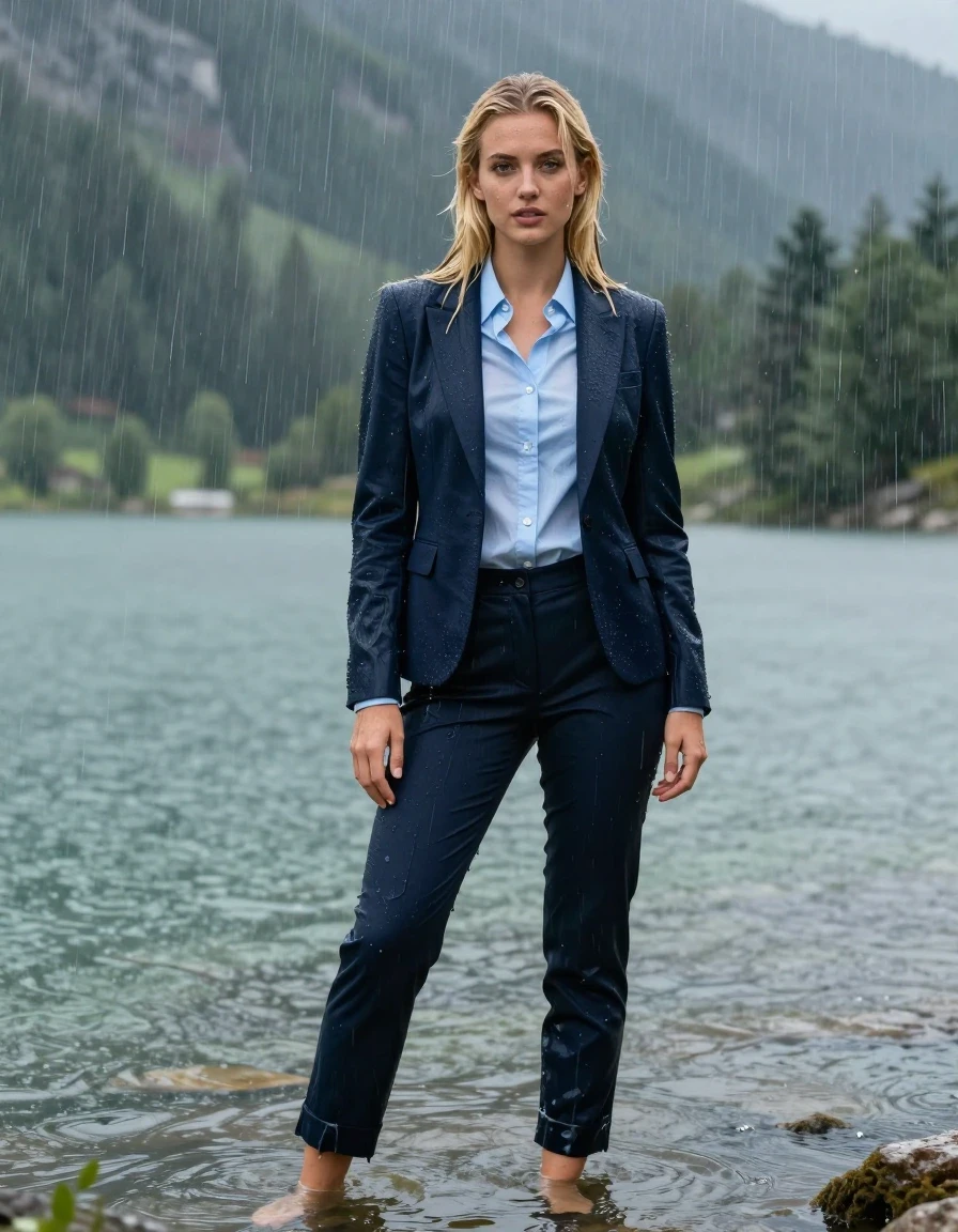 photo of young woman, in soaking wet, drenched clothes,
Dark Blue Long Business Trouser, Dark Blue Business Suit Jacket with Light Blue button down business shirt longsleeve, Clear Mountain lake with heavy rain, heavy rainstorm, 
enjoying, wet clothes stuck to body,
detailed textures of the wet clothes, wet face, wet plastered hair,
wet, drenched, professional, high-quality details, full body view.
sharp focus, ultra-high pixel detail, realistic, high-quality, full colors, incredibly detailed, 4k, 8k, 16k, hyper-realistic, RAW photo, masterpiece, ultra-detailed, professionally color graded, professional photograph, young blonde girl, completely submerged, standing waist deep in water under a big rainshower, fully clothed, completely soaked, fully drenched, completely wet, wetlook, heavy rain, side parting, long hair, rain storm, looks confidently into camera, wet skin, wet clothes, damp fabric, clinging to body, wet skin, wet clothes, damp fabric, wet skin, wet clothes, damp fabric, wet skin, wet clothes, damp fabric