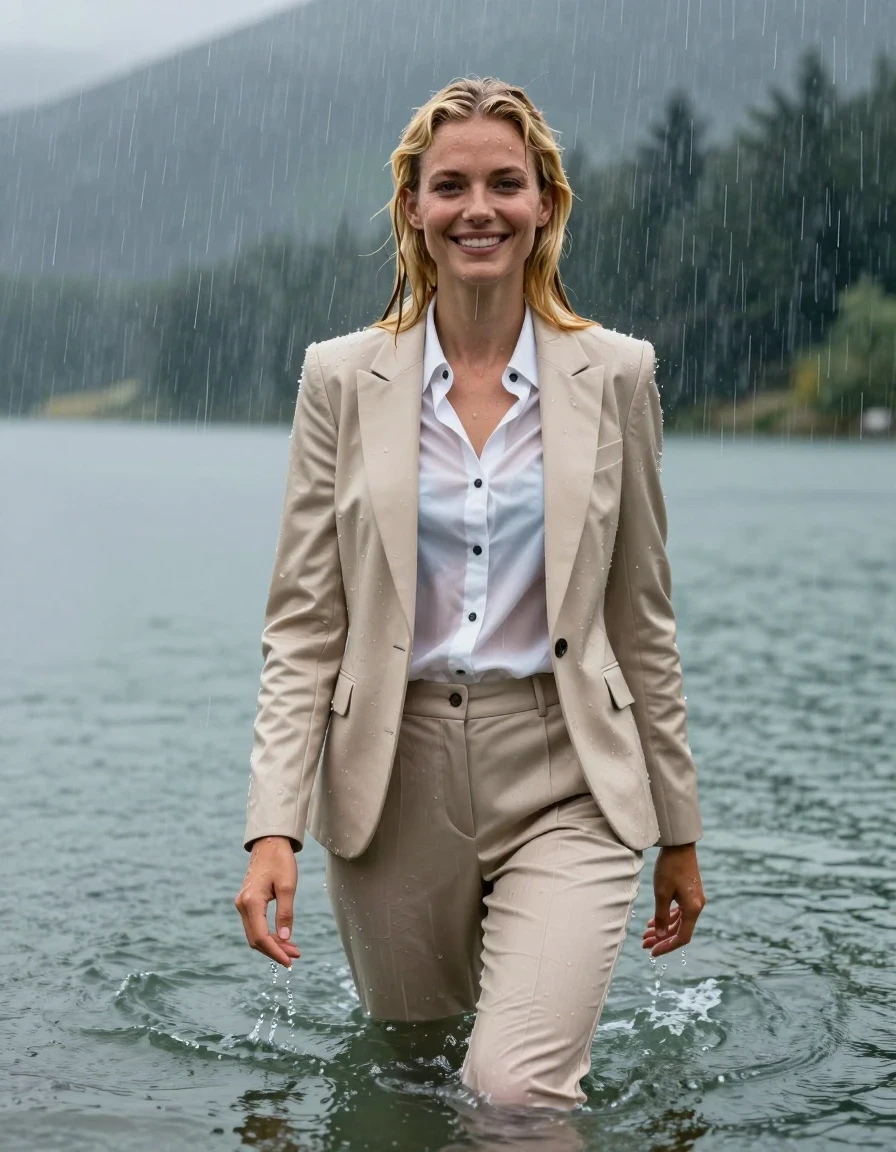 photo of young woman, in soaking wet, drenched clothes,
Beige Long Business Trouser, Beige Business Suit Jacket with Black button down business shirt longsleeve, Clear Mountain lake with heavy rain, heavy rainstorm, 
enjoying, wet clothes stuck to body,
detailed textures of the wet clothes, wet face, wet plastered hair,
wet, drenched, professional, high-quality details, full body view.
sharp focus, ultra-high pixel detail, realistic, high-quality, full colors, incredibly detailed, 4k, 8k, 16k, hyper-realistic, RAW photo, masterpiece, ultra-detailed, professionally color graded, professional photograph, young blonde girl, completely submerged, swimming in deep water, under a big rainshower, fully clothed, completely soaked, fully drenched, completely wet, wetlook, heavy rain, side parting, long hair, rain storm, looks happy into camera, wet skin, wet clothes, damp fabric, clinging to body, wet skin, wet clothes, damp fabric, wet skin, wet clothes, damp fabric, wet skin, wet clothes, damp fabric, shirt tight tucked into trouser, wet skin, wet clothes, damp fabric