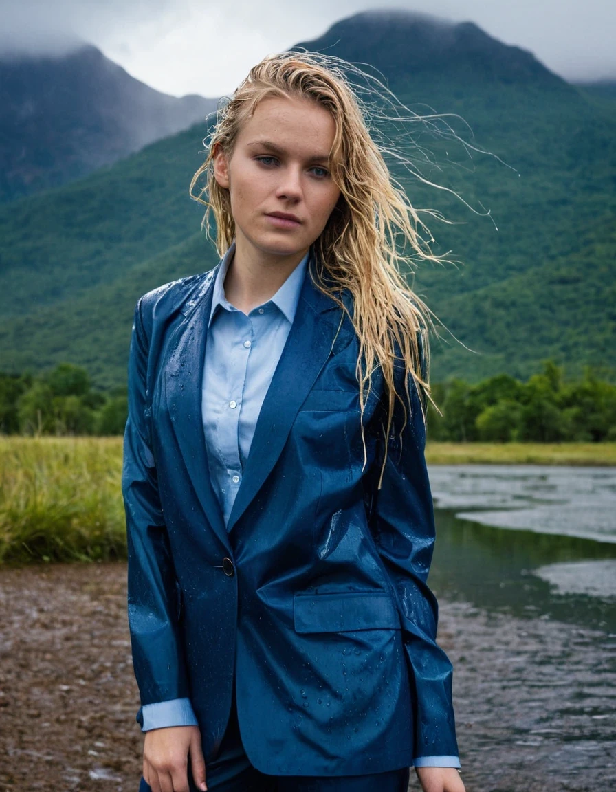 professional photo of young woman, 20 year old blonde girl in soaking wet, drenched clothes, wet clothes stuck to body, detailed textures of the wet clothes, wet face, wet plastered hair, wet, drenched, wet skin, damp fabric, side parting, long hair, wearing a Dark Blue Business Suit Jacket with Light Blue button down business shirt longsleeve and Dark Blue Long Business Trouser, soaked tailored fabric, clinging to body, looks confidently into camera, standing in a clear Mountain lake during a heavy rainstorm, heavy rain, dramatic atmosphere, full body view, detailed fabric texture, sharp focus, photorealistic, ultra-detailed fabric texture, realistic colors, RAW photo, professionally color graded
