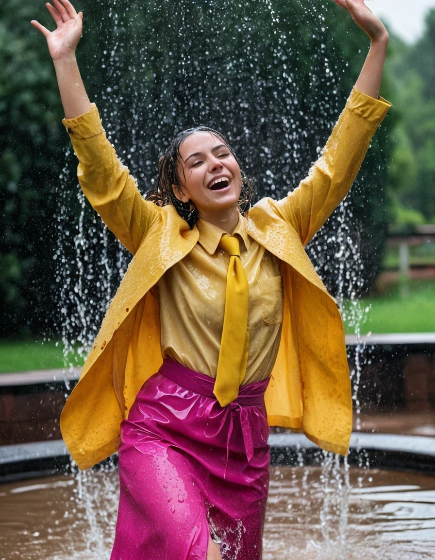 professional photo of young woman, in soaking wet, drenched clothes, wet clothes stuck to body, detailed textures of the wet clothes, wet face, wet plastered hair, wet, drenched, wet skin, damp fabric, wearing a yellow long sleeved shirt and a necktie with a pink maxi skirt and heels, dancing happily in heavy rain, standing in a fountain, water splashing, droplets on skin, full body view, detailed fabric texture, sharp focus, photorealistic, ultra-detailed fabric texture, realistic colors, RAW photo, professionally color graded