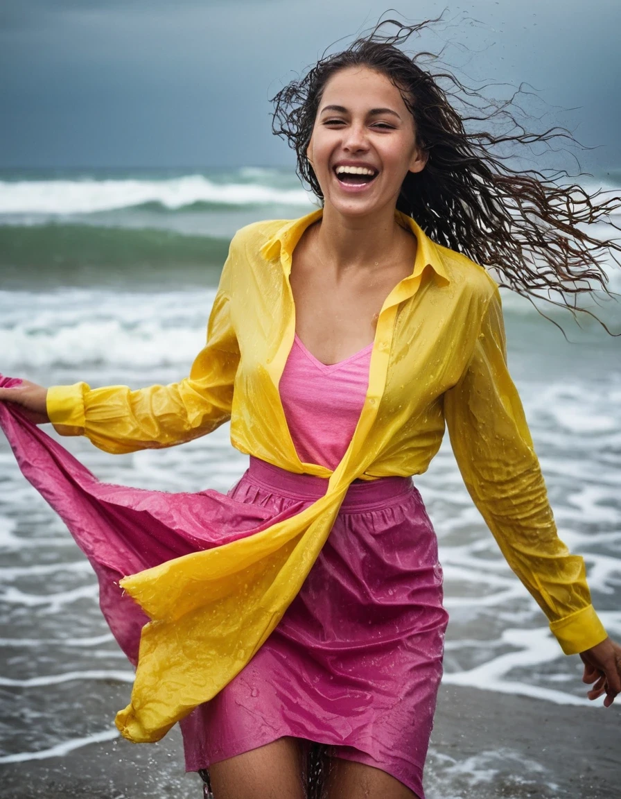 professional photo of young woman, in soaking wet, drenched clothes, wet clothes stuck to body, detailed textures of the wet clothes, wet face, wet plastered hair, wet, drenched, wet skin, damp fabric, wearing a yellow long sleeved shirt and a necktie, wearing a pink maxi skirt, wearing heels, dancing, happy expression, heavy rain, beach environment, ocean waves, overcast sky, cinematic lighting, full body view, detailed fabric texture, sharp focus, photorealistic, ultra-detailed fabric texture, realistic colors, RAW photo, professionally color graded