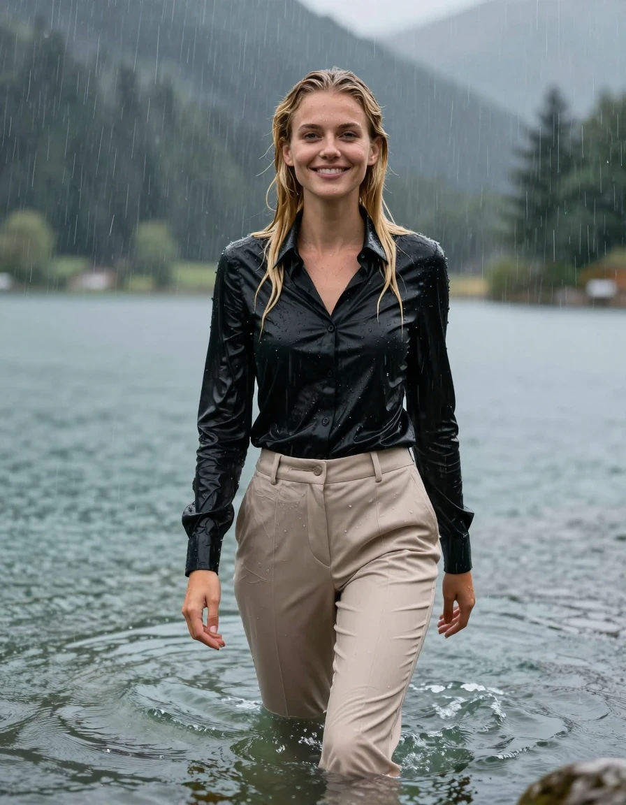 photo of young woman, in soaking wet, drenched clothes,
Beige Long Business Trouser, Black button down business shirt longsleeve, Clear Mountain lake with heavy rain, heavy rainstorm, 
enjoying, wet clothes stuck to body,
detailed textures of the wet clothes, wet face, wet plastered hair,
wet, drenched, professional, high-quality details, full body view.
sharp focus, ultra-high pixel detail, realistic, high-quality, full colors, incredibly detailed, 4k, 8k, 16k, hyper-realistic, RAW photo, masterpiece, ultra-detailed, professionally color graded, professional photograph, young blonde girl, completely submerged, swimming in deep water, under a big rainshower, fully clothed, completely soaked, fully drenched, completely wet, wetlook, heavy rain, side parting, long hair, rain storm, looks happy into camera, wet skin, wet clothes, damp fabric, clinging to body, wet skin, wet clothes, damp fabric, wet skin, wet clothes, damp fabric, wet skin, wet clothes, damp fabric, shirt tight tucked into trouser, wet skin, wet clothes, damp fabric