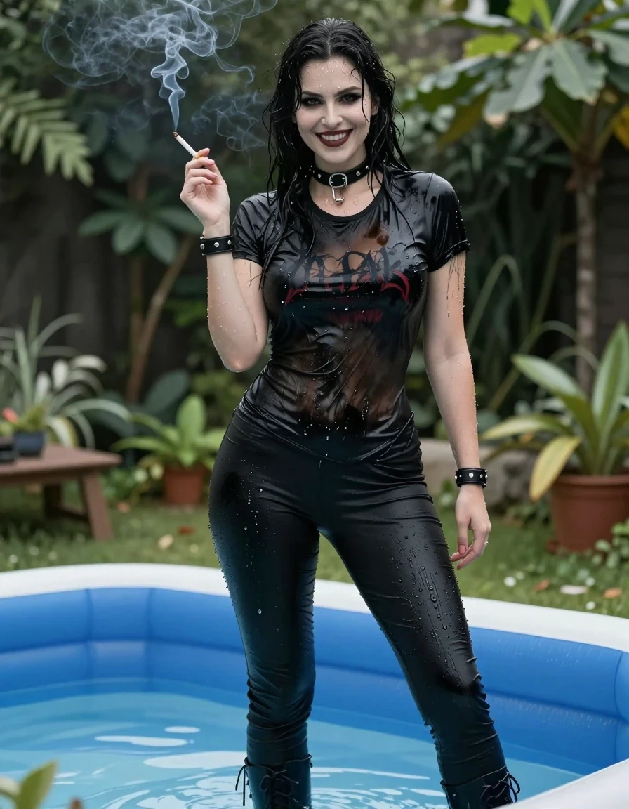 A photorealistic, hyper-detailed portrait of a beautiful gothic European BBW woman with an hourglass figure, standing in a lush garden next to an inflatable pool. Her skin, hair, and clothing are completely drenched, exhibiting a realistic water sheen, glistening highlights, and heavy, clinging fabric textures. She wears a black t-shirt featuring a band logo that is visibly soaked and darkened, tight black pants that cling to her legs, and chunky goth boots. She is accessorized with a black leather collar and matching leather bracelets. She is standing with a warm, smiling expression, holding a lit cigarette with wisps of smoke curling into the air. The lighting is natural, soft daylight filtering through garden foliage, emphasizing the wet textures of her clothes and skin. Cinematic composition, 8k resolution, sharp focus on subject, detailed skin pores, realistic water droplets, high-contrast gothic aesthetic.