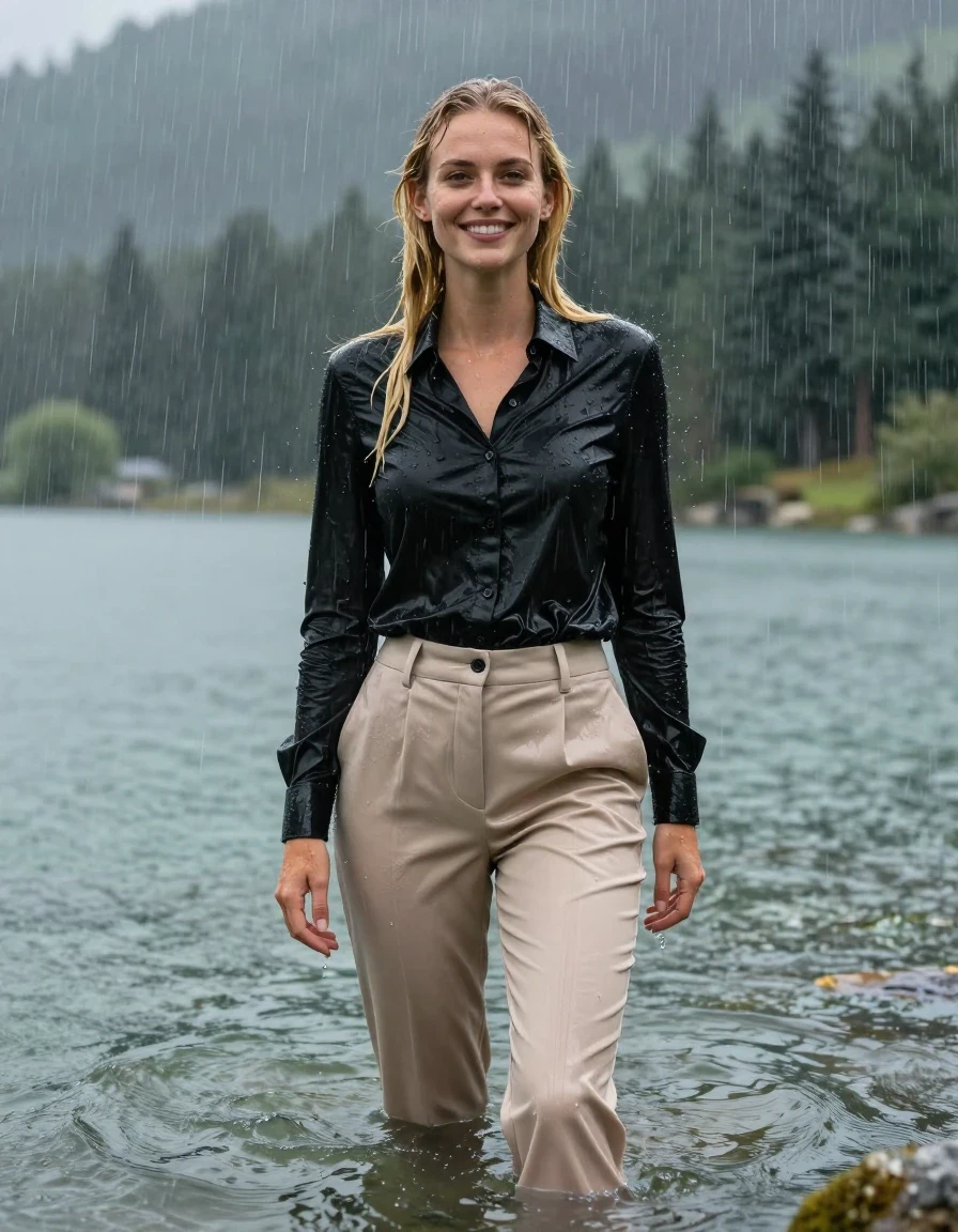 photo of young woman, in soaking wet, drenched clothes,
Beige Long Business Trouser, Black button down business shirt longsleeve, Clear Mountain lake with heavy rain, heavy rainstorm, 
enjoying, wet clothes stuck to body,
detailed textures of the wet clothes, wet face, wet plastered hair,
wet, drenched, professional, high-quality details, full body view.
sharp focus, ultra-high pixel detail, realistic, high-quality, full colors, incredibly detailed, 4k, 8k, 16k, hyper-realistic, RAW photo, masterpiece, ultra-detailed, professionally color graded, professional photograph, young blonde girl, completely submerged, swimming in deep water, under a big rainshower, fully clothed, completely soaked, fully drenched, completely wet, wetlook, heavy rain, side parting, long hair, rain storm, looks happy into camera, wet skin, wet clothes, damp fabric, clinging to body, wet skin, wet clothes, damp fabric, wet skin, wet clothes, damp fabric, wet skin, wet clothes, damp fabric, shirt tight tucked into trouser, wet skin, wet clothes, damp fabric