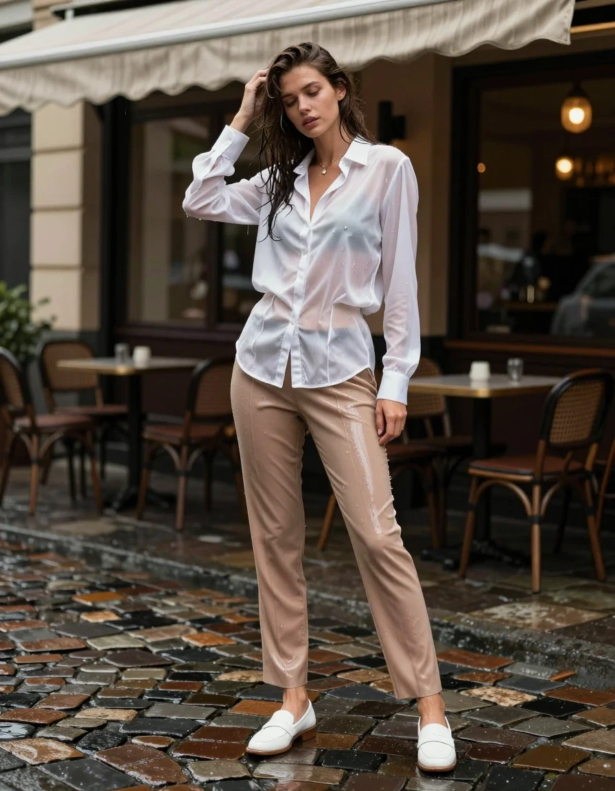 A young adult European woman in a photorealistic lifestyle portrait, standing on a rain-slicked cobblestone patio at an outdoor cafe frontage. She is wearing a drenched sheer white silk button-down shirt that clings to her skin, paired with translucent wet beige tailored trousers showing heavy fabric cling, and soaked white leather loafers with water pooling around the soles. She is captured in the act of brushing her wet hair away from her face while stepping under a striped awning. The scene features visible water droplets on her skin and fabric, with realistic wet textures, deep saturated fabric tones, and natural sheen. The composition is a wide-angle shot from a low side perspective. The lighting is balanced with bright exposure, moderate contrast, and softly lifted shadows, ensuring high-resolution clarity with no grain. The image is strictly professional, clean, and fully clothed, avoiding any nudity, lingerie, sexual content, blur, distortion, sketches, cartoons, dark moody atmospheres, or running makeup.