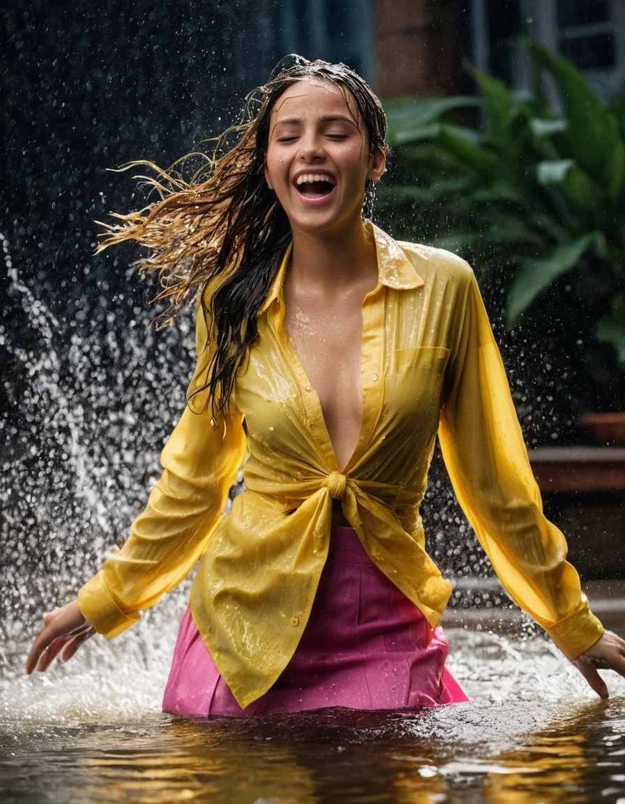 professional photo of young woman, in soaking wet, drenched clothes, wet clothes stuck to body, detailed textures of the wet clothes, wet face, wet plastered hair, wet, drenched, wet skin, damp fabric, wearing a yellow long sleeved shirt and a necktie, wearing a pink maxi skirt, wearing heels, dancing with a happy expression, heavy rain, located in a fountain, water splashing, cinematic lighting, full body view, detailed fabric texture, sharp focus, photorealistic, ultra-detailed fabric texture, realistic colors, RAW photo, professionally color graded