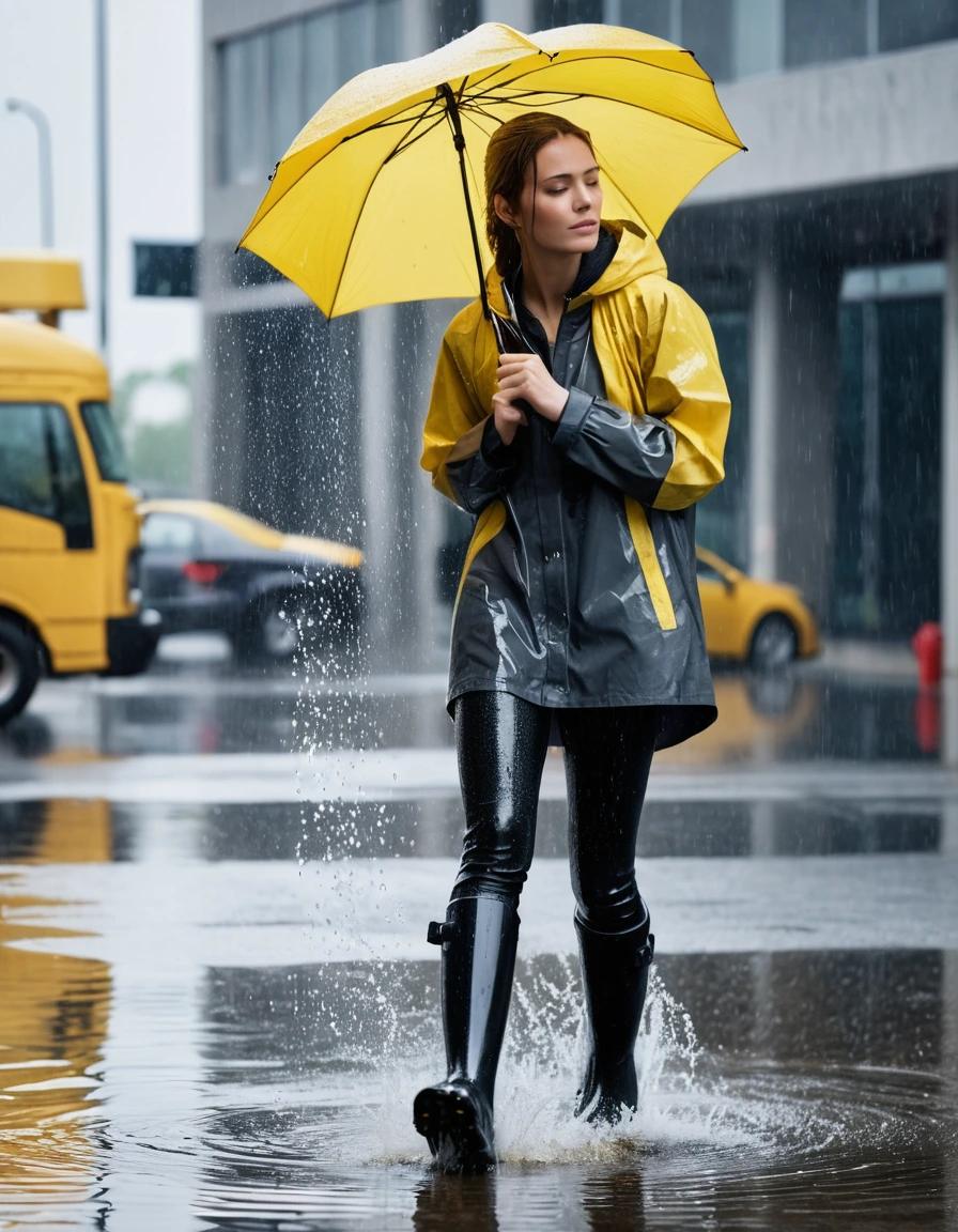 photo of young woman, in soaking wet, drenched clothes,
black rubber rain boots, slick glossy finish, beads of water running down, charcoal grey stretch cotton leggings, clinging to skin, saturated fabric texture, oversized lemon yellow hooded raincoat, heavy saturation, water streaming off hemline, concrete parking garage entrance during a heavy storm, 
enjoying, wet clothes stuck to body,
detailed textures of the wet clothes, wet face, wet plastered hair,
wet, drenched, professional, high-quality details, full body view.
sharp focus, ultra-high pixel detail, realistic, high-quality, full colors, incredibly detailed, 4k, 8k, 16k, hyper-realistic, RAW photo, masterpiece, ultra-detailed, professionally color graded, professional photograph, A woman hurriedly shaking off a wet umbrella, water droplets spraying in the air, intense downpour reflections on ground, hyper-realistic fabric texture, high-speed shutter photography, medium-full shot capturing silhouette, bright natural daylight, crisp details., wet skin, wet clothes, damp fabric