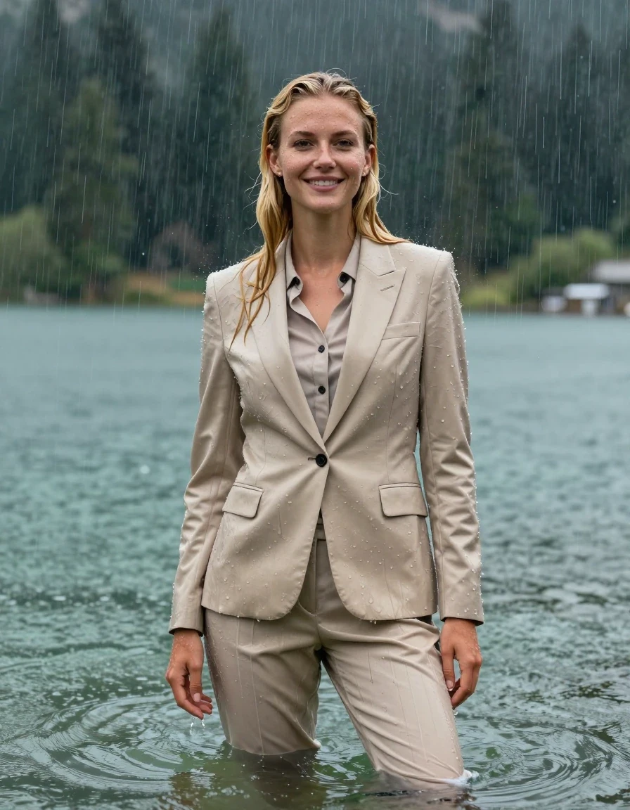 photo of young woman, in soaking wet, drenched clothes,
Beige Long Business Trouser, Beige Business Suit Jacket with Black button down business shirt longsleeve, Clear Mountain lake with heavy rain, heavy rainstorm, 
enjoying, wet clothes stuck to body,
detailed textures of the wet clothes, wet face, wet plastered hair,
wet, drenched, professional, high-quality details, full body view.
sharp focus, ultra-high pixel detail, realistic, high-quality, full colors, incredibly detailed, 4k, 8k, 16k, hyper-realistic, RAW photo, masterpiece, ultra-detailed, professionally color graded, professional photograph, young blonde girl, completely submerged, swimming in deep water, under a big rainshower, fully clothed, completely soaked, fully drenched, completely wet, wetlook, heavy rain, side parting, long hair, rain storm, looks happy into camera, wet skin, wet clothes, damp fabric, clinging to body, wet skin, wet clothes, damp fabric, wet skin, wet clothes, damp fabric, wet skin, wet clothes, damp fabric, wet skin, wet clothes, damp fabric