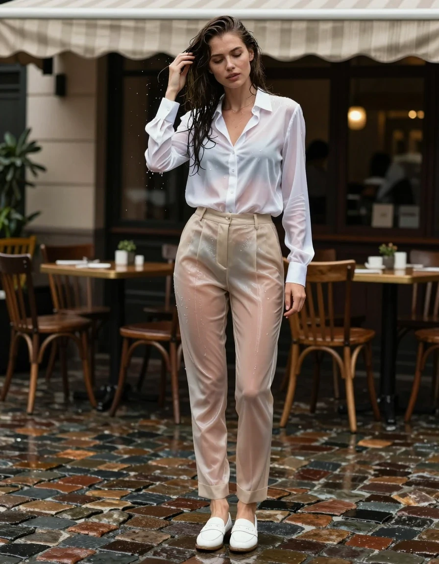 A young adult European woman in a photorealistic lifestyle portrait, standing on a rain-slicked cobblestone patio at an outdoor cafe frontage. She is wearing a drenched sheer white silk button-down shirt that clings to her skin, paired with translucent wet beige tailored trousers showing heavy fabric cling, and soaked white leather loafers with water pooling around the soles. She is captured in the act of brushing her wet hair away from her face while stepping under a striped awning. Water droplets are clearly visible on her skin and fabric, with realistic wet sheen, deep soaked fabric textures, and distinct folds. The scene is shot with a wide-angle lens from a low side perspective. The lighting is balanced with bright exposure, moderate contrast, and softly lifted shadows, showcasing rich natural colors. The image is crisp, high-resolution, and perfectly focused, featuring clean anatomy, professional styling, and maintained features, entirely excluding nudity, lingerie, sexual content, blurriness, distortion, sketches, cartoons, dark or moody atmospheres, grain, and running makeup.