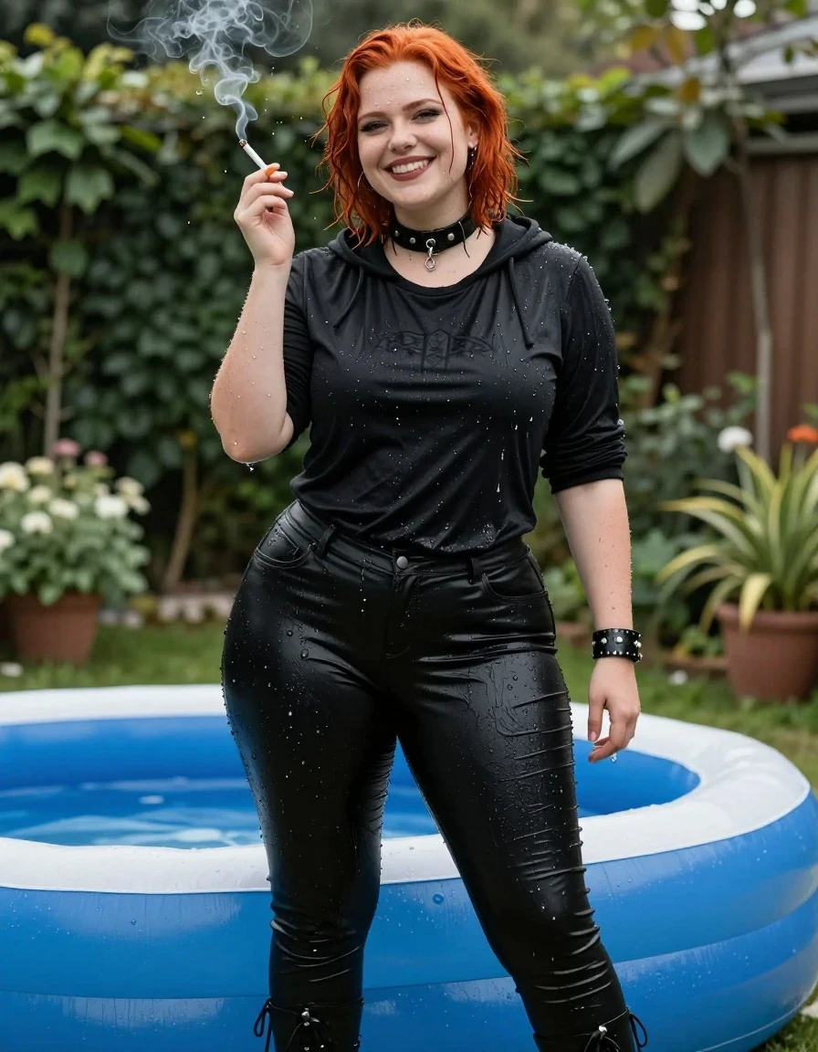 A photorealistic full-body portrait of a beautiful gothic BBW young adult European woman with a wide face, short stature, and an hourglass figure. She has vibrant ginger hair, completely soaked and dripping with water, clinging to her head. She is wearing a black hoodie over a black t-shirt with a visible band logo, and tight black shiny pants that are saturated with water, clinging to her skin with a dark, heavy sheen. She is wearing goth boots, a leather collar, and matching leather bracelets. The subject is standing in a lush garden next to an inflatable pool, her clothing and skin visibly drenched, with water droplets and a realistic wet texture throughout. She is smiling warmly while smoking a cigarette. High-detail photography, natural outdoor garden lighting, water sheen on skin, hyper-realistic fabric textures, wet-look aesthetic, sharp focus, 8k resolution.