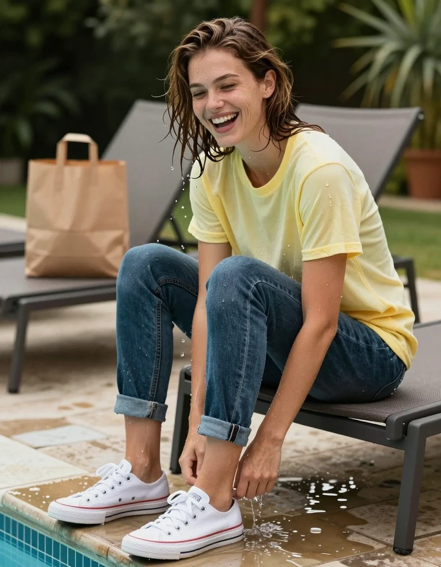 photo of young woman, in soaking wet, drenched clothes,
saturated white canvas sneakers with visible water puddles, heavy dark-wash denim jeans clinging to skin from water saturation, drenched pale yellow cotton crew-neck t-shirt adhering to silhouette, pool deck walkway with shimmering reflections, 
enjoying, wet clothes stuck to body,
detailed textures of the wet clothes, wet face, wet plastered hair,
wet, drenched, professional, high-quality details, full body view.
sharp focus, ultra-high pixel detail, realistic, high-quality, full colors, incredibly detailed, 4k, 8k, 16k, hyper-realistic, RAW photo, masterpiece, ultra-detailed, professionally color graded, professional photograph, woman laughing while wringing out her wet hemline, droplets falling from hair, grocery paper bag resting on nearby lounge chair, photorealistic lifestyle photography, rich natural color, balanced bright exposure, moderate contrast, softly lifted shadows, wide angle eye-level shot, wet skin, wet clothes, damp fabric