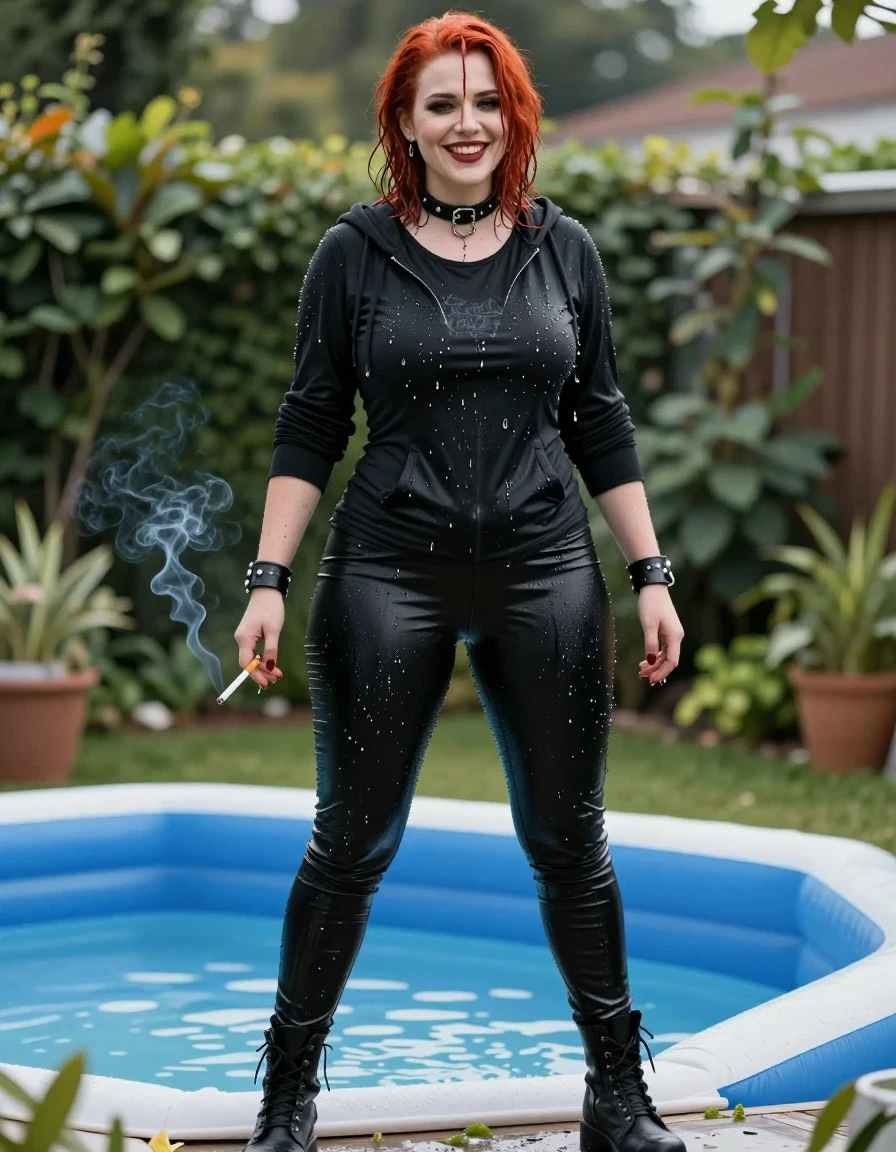 A photorealistic, high-detail full-body shot of a beautiful gothic BBW with a short, curvy hourglass figure and a wide, smiling face. She has vibrant, dripping wet ginger hair and is standing in a lush garden next to an inflatable pool. She is wearing a soaked, clinging black hoodie over a black t-shirt with a visible band logo, tight black shiny pants that glisten intensely in the sunlight, and heavy goth boots. She wears a black leather collar and matching leather bracelets. Her clothes are visibly saturated, dark, and heavy with water, with droplets dripping from the fabric and her skin. She is holding a cigarette, with thin wisps of smoke rising. The lighting is bright and sunny, highlighting the extreme wetlook sheen on her clothing and skin. Shot on 35mm lens, cinematic depth of field, hyper-realistic textures, water droplets, soaked fabric clinging to curves.