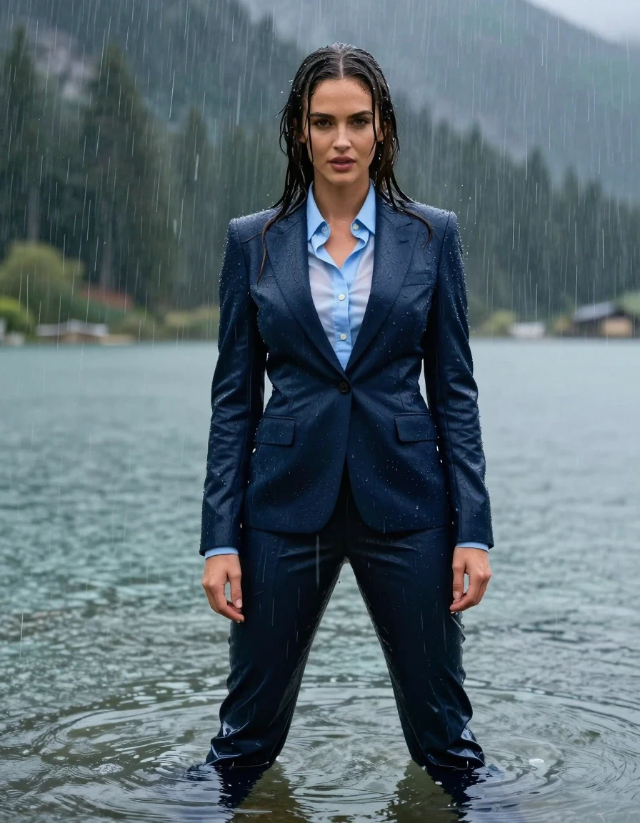 photo of young woman, in soaking wet, drenched clothes,
Dark Blue Long Business Trouser, Dark Blue Business Suit Jacket with Light Blue button down business shirt longsleeve, Clear Mountain lake with heavy rain, heavy rainstorm, 
enjoying, wet clothes stuck to body,
detailed textures of the wet clothes, wet face, wet plastered hair,
wet, drenched, professional, high-quality details, full body view.
sharp focus, ultra-high pixel detail, realistic, high-quality, full colors, incredibly detailed, 4k, 8k, 16k, hyper-realistic, RAW photo, masterpiece, ultra-detailed, professionally color graded, professional photograph, young Megan Fox, completely submerged, standing waist deep in water under a big rainshower, fully clothed, completely soaked, fully drenched, completely wet, wetlook, heavy rain, side parting, long hair, rain storm, looks confidently into camera, wet skin, wet clothes, damp fabric, clinging to body, wet skin, wet clothes, damp fabric, wet skin, wet clothes, damp fabric, wet skin, wet clothes, damp fabric