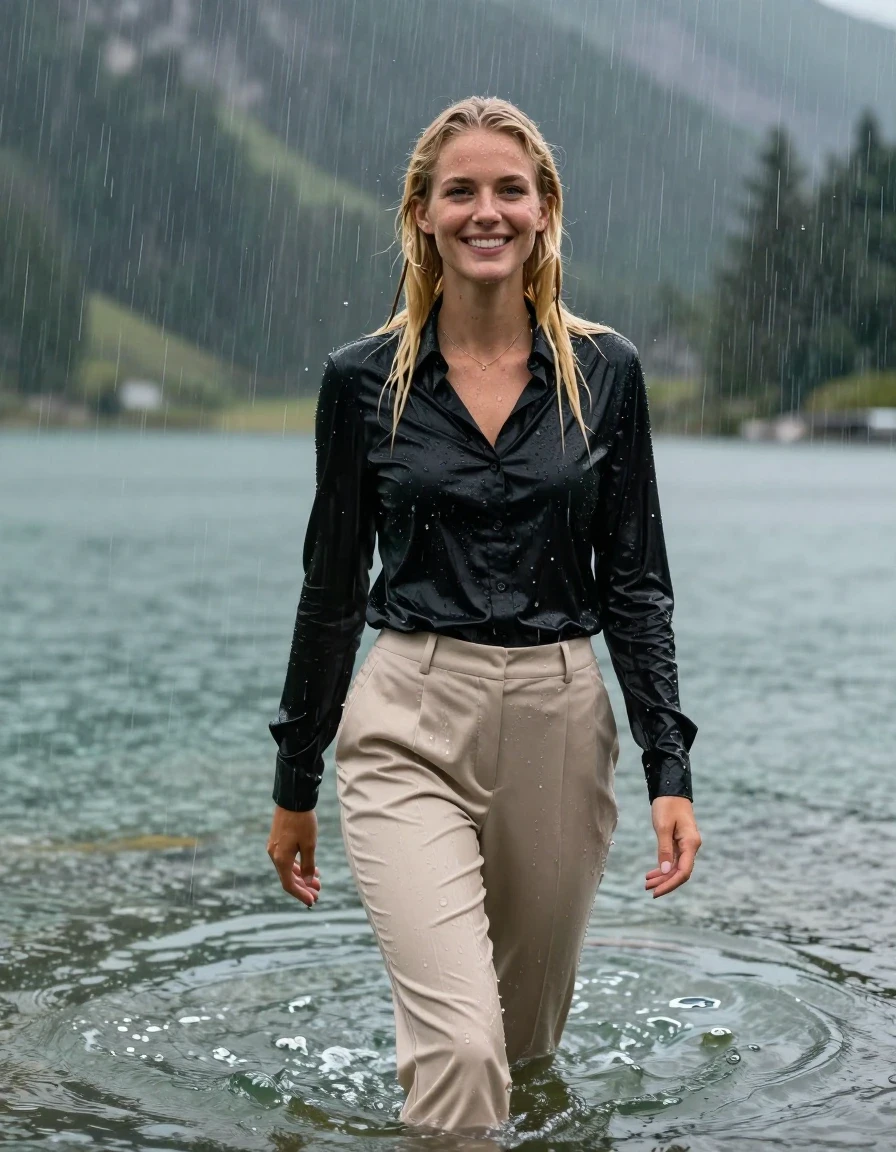 photo of young woman, in soaking wet, drenched clothes,
Beige Long Business Trouser, Black button down business shirt longsleeve, Clear Mountain lake with heavy rain, heavy rainstorm, 
enjoying, wet clothes stuck to body,
detailed textures of the wet clothes, wet face, wet plastered hair,
wet, drenched, professional, high-quality details, full body view.
sharp focus, ultra-high pixel detail, realistic, high-quality, full colors, incredibly detailed, 4k, 8k, 16k, hyper-realistic, RAW photo, masterpiece, ultra-detailed, professionally color graded, professional photograph, young blonde girl, completely submerged, swimming in deep water, under a big rainshower, fully clothed, completely soaked, fully drenched, completely wet, wetlook, heavy rain, side parting, long hair, rain storm, looks happy into camera, wet skin, wet clothes, damp fabric, clinging to body, wet skin, wet clothes, damp fabric, wet skin, wet clothes, damp fabric, wet skin, wet clothes, damp fabric, shirt tight tucked into trouser, wet skin, wet clothes, damp fabric
