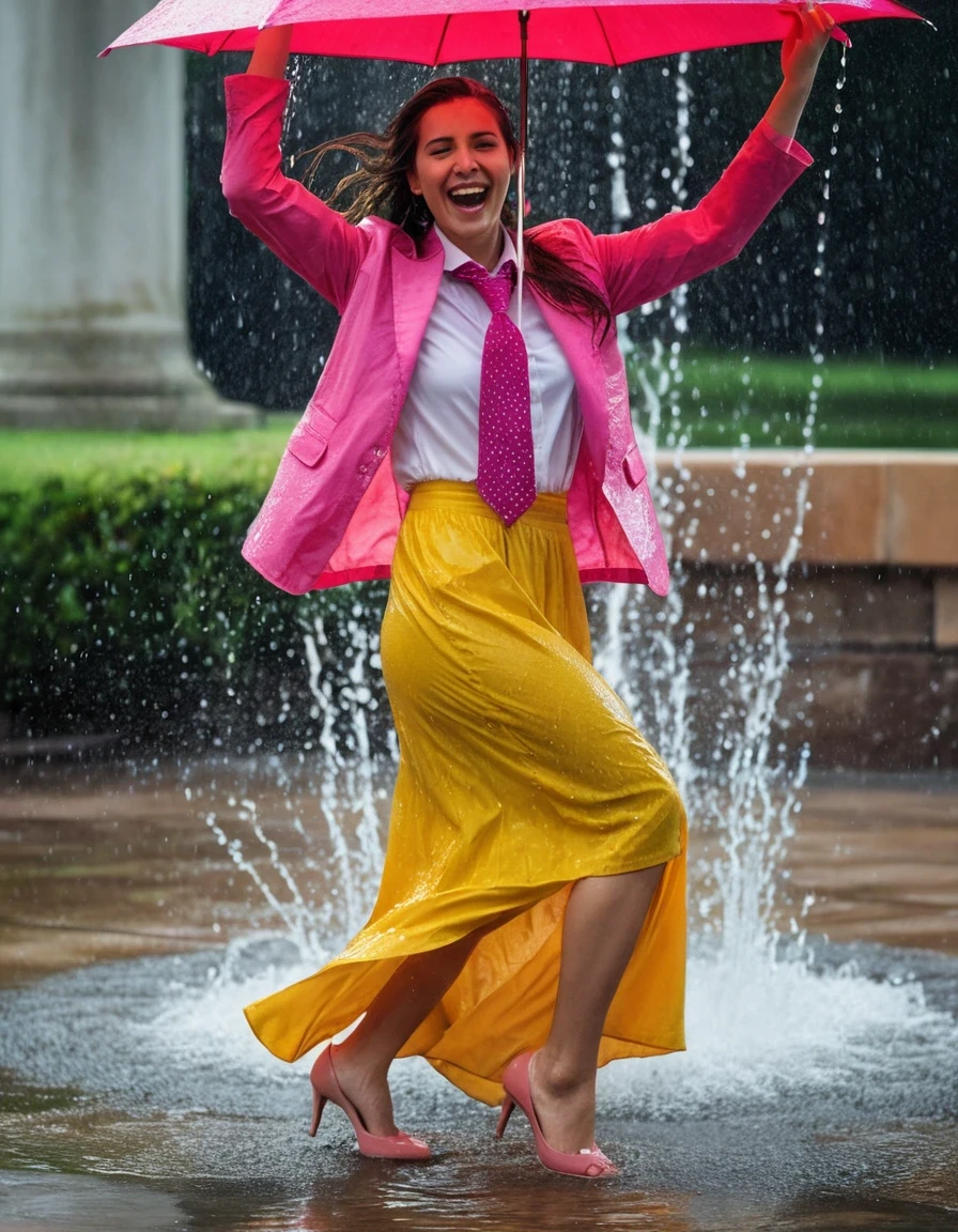 professional photo of young woman, in soaking wet, drenched clothes, wet clothes stuck to body, detailed textures of the wet clothes, wet face, wet plastered hair, wet, drenched, wet skin, damp fabric, wearing a necktie and a yellow long sleeved shirt, pink maxi skirt, heels, dancing happily in heavy rain, fountain background, water splashing, full body view, sharp focus, photorealistic, ultra-detailed fabric texture, realistic colors, RAW photo, professionally color graded