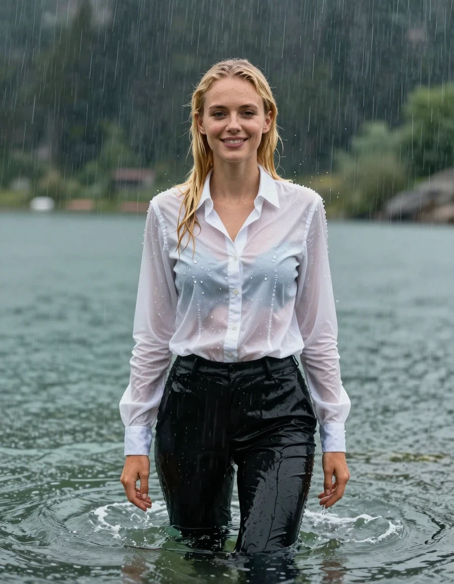 photo of young woman, in soaking wet, drenched clothes,
Black Long Business Trouser, White button down business shirt longsleeve, Clear Mountain lake with heavy rain, heavy rainstorm, 
enjoying, wet clothes stuck to body,
detailed textures of the wet clothes, wet face, wet plastered hair,
wet, drenched, professional, high-quality details, full body view.
sharp focus, ultra-high pixel detail, realistic, high-quality, full colors, incredibly detailed, 4k, 8k, 16k, hyper-realistic, RAW photo, masterpiece, ultra-detailed, professionally color graded, professional photograph, young blonde girl, completely submerged, swimming in deep water, under a big rainshower, fully clothed, completely soaked, fully drenched, completely wet, wetlook, heavy rain, side parting, long hair, rain storm, looks happy into camera, wet skin, wet clothes, damp fabric, clinging to body, wet skin, wet clothes, damp fabric, wet skin, wet clothes, damp fabric, wet skin, wet clothes, damp fabric, translucend fabric, wet skin, wet clothes, damp fabric
