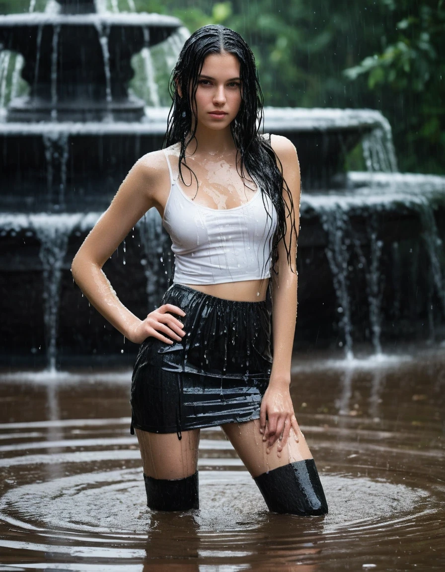 professional photo of young woman, 25-year-old European girl, long black wet hair, in soaking wet, drenched clothes, wet clothes stuck to body, detailed textures of the wet clothes, wet face, wet plastered hair, wet skin, damp fabric, tight white tank top, completely drenched and translucent, sexy cleavage, black silk mini skirt, sheer black stockings, boots, heavily soaked, standing in large fountain, heavy rain, promiscuous expression, full body view, sharp focus, photorealistic, ultra-detailed fabric texture, realistic colors, RAW photo, professionally color graded