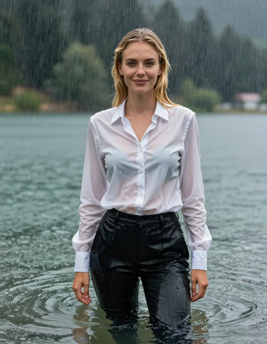 photo of young woman, in soaking wet, drenched clothes,
Black Long Business Trouser, White button down business shirt longsleeve, Clear Mountain lake with heavy rain, heavy rainstorm, 
enjoying, wet clothes stuck to body,
detailed textures of the wet clothes, wet face, wet plastered hair,
wet, drenched, professional, high-quality details, full body view.
sharp focus, ultra-high pixel detail, realistic, high-quality, full colors, incredibly detailed, 4k, 8k, 16k, hyper-realistic, RAW photo, masterpiece, ultra-detailed, professionally color graded, professional photograph, young blonde girl, completely submerged, swimming in deep water, under a big rainshower, fully clothed, completely soaked, fully drenched, completely wet, wetlook, heavy rain, side parting, long hair, rain storm, looks happy into camera, wet skin, wet clothes, damp fabric, clinging to body, wet skin, wet clothes, damp fabric, wet skin, wet clothes, damp fabric, wet skin, wet clothes, damp fabric, wet skin, wet clothes, damp fabric