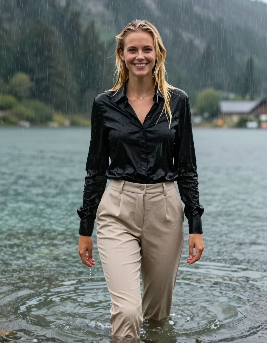photo of young woman, in soaking wet, drenched clothes,
Beige Long Business Trouser, Black button down business shirt longsleeve, Clear Mountain lake with heavy rain, heavy rainstorm, 
enjoying, wet clothes stuck to body,
detailed textures of the wet clothes, wet face, wet plastered hair,
wet, drenched, professional, high-quality details, full body view.
sharp focus, ultra-high pixel detail, realistic, high-quality, full colors, incredibly detailed, 4k, 8k, 16k, hyper-realistic, RAW photo, masterpiece, ultra-detailed, professionally color graded, professional photograph, young blonde girl, completely submerged, swimming in deep water, under a big rainshower, fully clothed, completely soaked, fully drenched, completely wet, wetlook, heavy rain, side parting, long hair, rain storm, looks happy into camera, wet skin, wet clothes, damp fabric, clinging to body, wet skin, wet clothes, damp fabric, wet skin, wet clothes, damp fabric, wet skin, wet clothes, damp fabric, wet skin, wet clothes, damp fabric