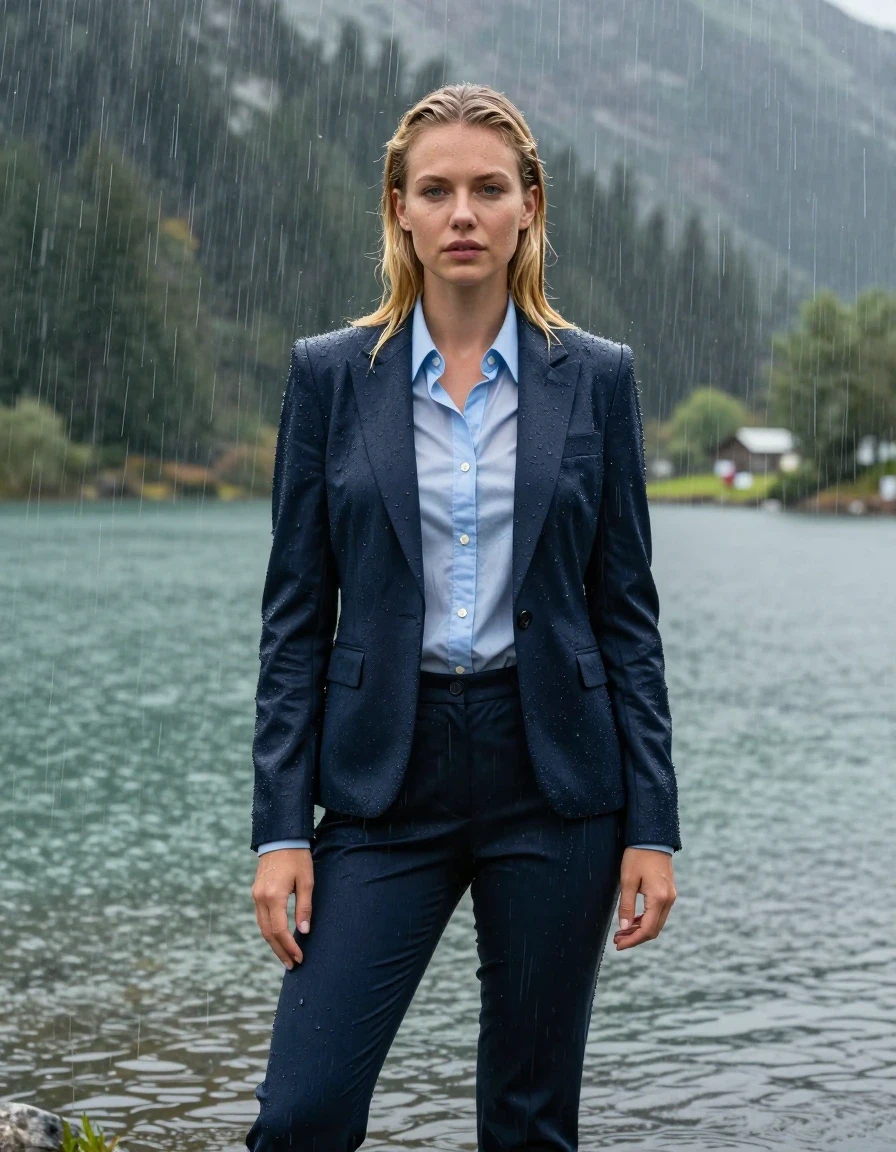 photo of young woman, in soaking wet, drenched clothes,
Dark Blue Long Business Trouser, Dark Blue Business Suit Jacket with Light Blue button down business shirt longsleeve, Clear Mountain lake with heavy rain, heavy rainstorm, 
enjoying, wet clothes stuck to body,
detailed textures of the wet clothes, wet face, wet plastered hair,
wet, drenched, professional, high-quality details, full body view.
sharp focus, ultra-high pixel detail, realistic, high-quality, full colors, incredibly detailed, 4k, 8k, 16k, hyper-realistic, RAW photo, masterpiece, ultra-detailed, professionally color graded, professional photograph, 20 year old blonde girl, completely submerged, under a big rainshower, fully clothed, completely soaked, fully drenched, completely wet, wetlook, heavy rain, side parting, long hair, rain storm, looks confidently into camera, wet skin, wet clothes, damp fabric, clinging to body, wet skin, wet clothes, damp fabric, wet skin, wet clothes, damp fabric, wet skin, wet clothes, damp fabric