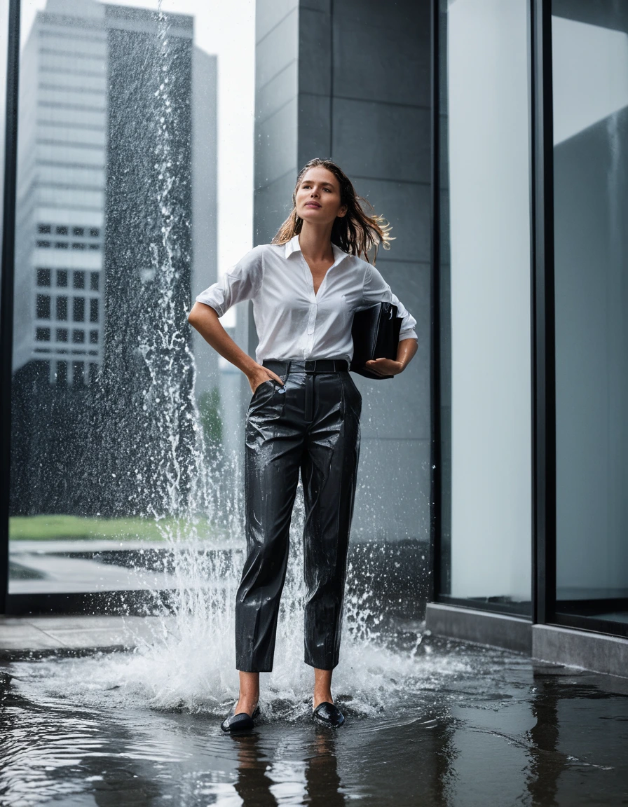 photo of young woman, in soaking wet, drenched clothes,
black patent leather pointed-toe pumps, water pooling around soles, tailored charcoal grey wool trousers, heavily soaked and clinging to skin, crisp white button-down shirt, completely drenched and translucent, modern glass office building entrance with revolving doors, 
enjoying, wet clothes stuck to body,
detailed textures of the wet clothes, wet face, wet plastered hair,
wet, drenched, professional, high-quality details, full body view.
sharp focus, ultra-high pixel detail, realistic, high-quality, full colors, incredibly detailed, 4k, 8k, 16k, hyper-realistic, RAW photo, masterpiece, ultra-detailed, professionally color graded, professional photograph, a woman frantically shielding a leather briefcase while standing beneath a malfunctioning overhead sprinkler, heavy water droplets spraying across frame, clothing fabric texture visible, realistic street photography style, 35mm lens, eye-level wide shot, vivid natural lighting, high detail., wet skin, wet clothes, damp fabric