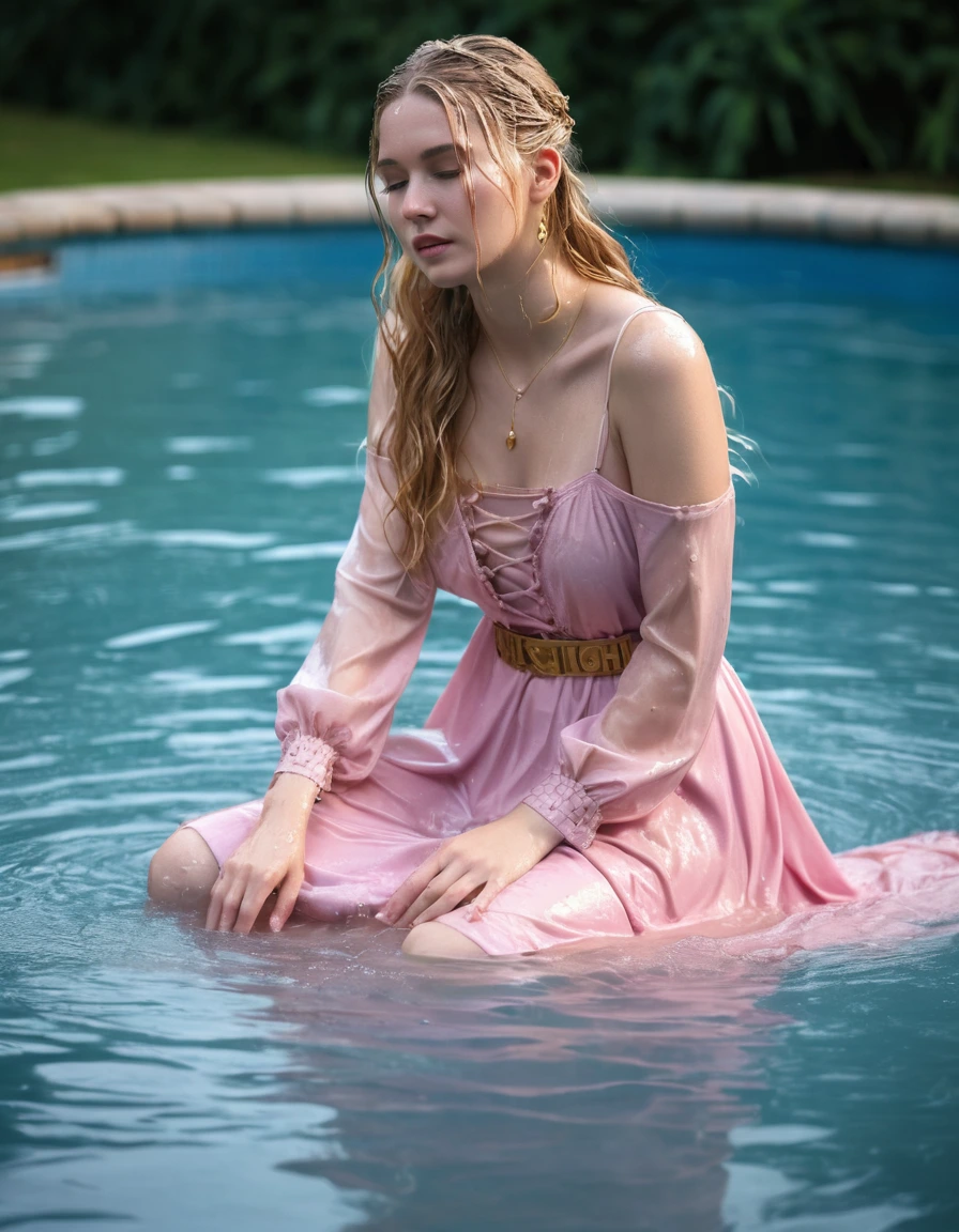 photo of young woman, in soaking wet, drenched clothes,
strappy white high heels, soaking wet pink floor-length prairie dress, nude stockings, garter belt, soaking wet pink long sleeved floor-length prairie dress, floating in a swimming pool, 
enjoying, wet clothes stuck to body,
detailed textures of the wet clothes, wet face, wet plastered hair,
wet, drenched, professional, high-quality details, full body view.
sharp focus, ultra-high pixel detail, realistic, high-quality, full colors, incredibly detailed, 4k, 8k, 16k, hyper-realistic, RAW photo, masterpiece, ultra-detailed, professionally color graded, professional photograph, happy, wet long blonde hair, gold belt, gold necklace, gold earrings, wet skin, wet clothes, wet fabric, wet skin, wet clothes, damp fabric