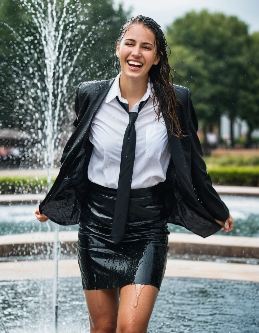 professional photo of young woman, in soaking wet, drenched clothes, wet clothes stuck to body, detailed textures of the wet clothes, wet face, wet plastered hair, wet, drenched, wet skin, damp fabric, wearing a black business jacket, necktie, white shirt, and black maxi skirt, heels, happy and joyful expression, standing in a water fountain, water splashing, soft natural lighting, full body view, detailed fabric texture, sharp focus, photorealistic, ultra-detailed fabric texture, realistic colors, RAW photo, professionally color graded