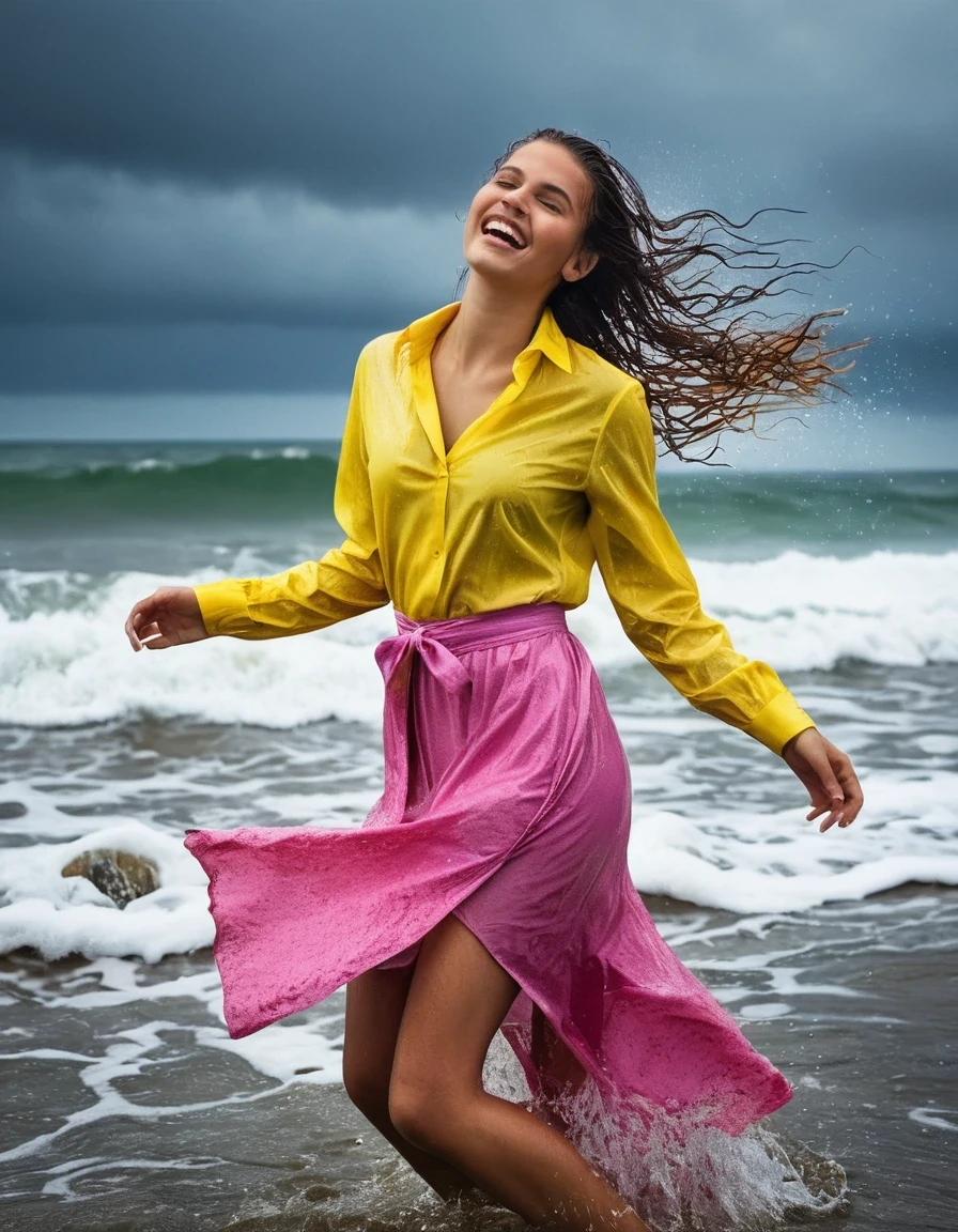 professional photo of young woman, in soaking wet, drenched clothes, wet clothes stuck to body, detailed textures of the wet clothes, wet face, wet plastered hair, wet, drenched, wet skin, damp fabric, wearing a yellow long sleeved shirt and a necktie, wearing a pink maxi skirt, wearing heels, happy expression, dancing, heavy rain, beach environment, ocean waves, overcast sky, full body view, detailed fabric texture, sharp focus, photorealistic, ultra-detailed fabric texture, realistic colors, RAW photo, professionally color graded