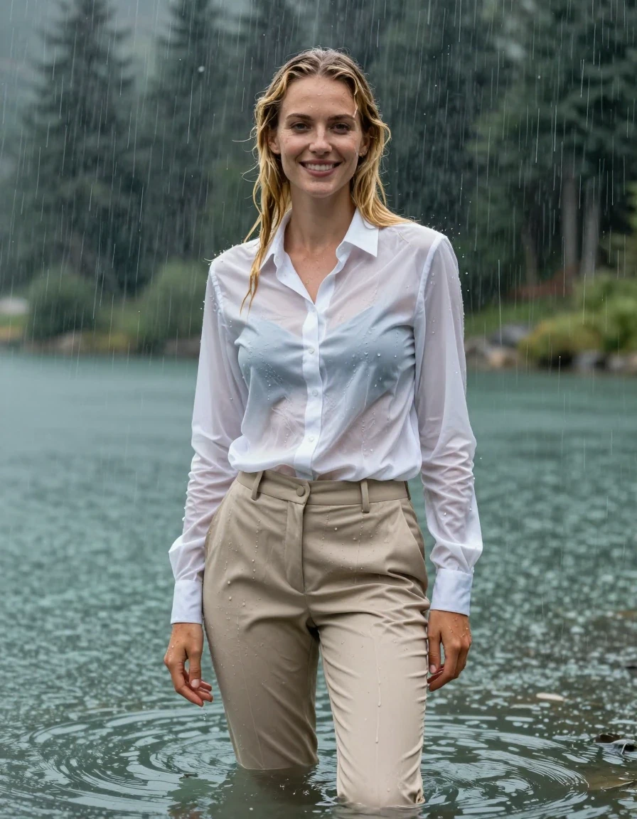 photo of young woman, in soaking wet, drenched clothes,
Beige Long Business Trouser, white button down business shirt longsleeve, Clear Mountain lake with heavy rain, heavy rainstorm, 
enjoying, wet clothes stuck to body,
detailed textures of the wet clothes, wet face, wet plastered hair,
wet, drenched, professional, high-quality details, full body view.
sharp focus, ultra-high pixel detail, realistic, high-quality, full colors, incredibly detailed, 4k, 8k, 16k, hyper-realistic, RAW photo, masterpiece, ultra-detailed, professionally color graded, professional photograph, young blonde girl, completely submerged, swimming in deep water, under a big rainshower, fully clothed, completely soaked, fully drenched, completely wet, wetlook, heavy rain, side parting, long hair, rain storm, looks happy into camera, wet skin, wet clothes, damp fabric, clinging to body, wet skin, wet clothes, damp fabric, wet skin, wet clothes, damp fabric, wet skin, wet clothes, damp fabric, translucent fabric, shirt tight tucked into trouser, wet skin, wet clothes, damp fabric