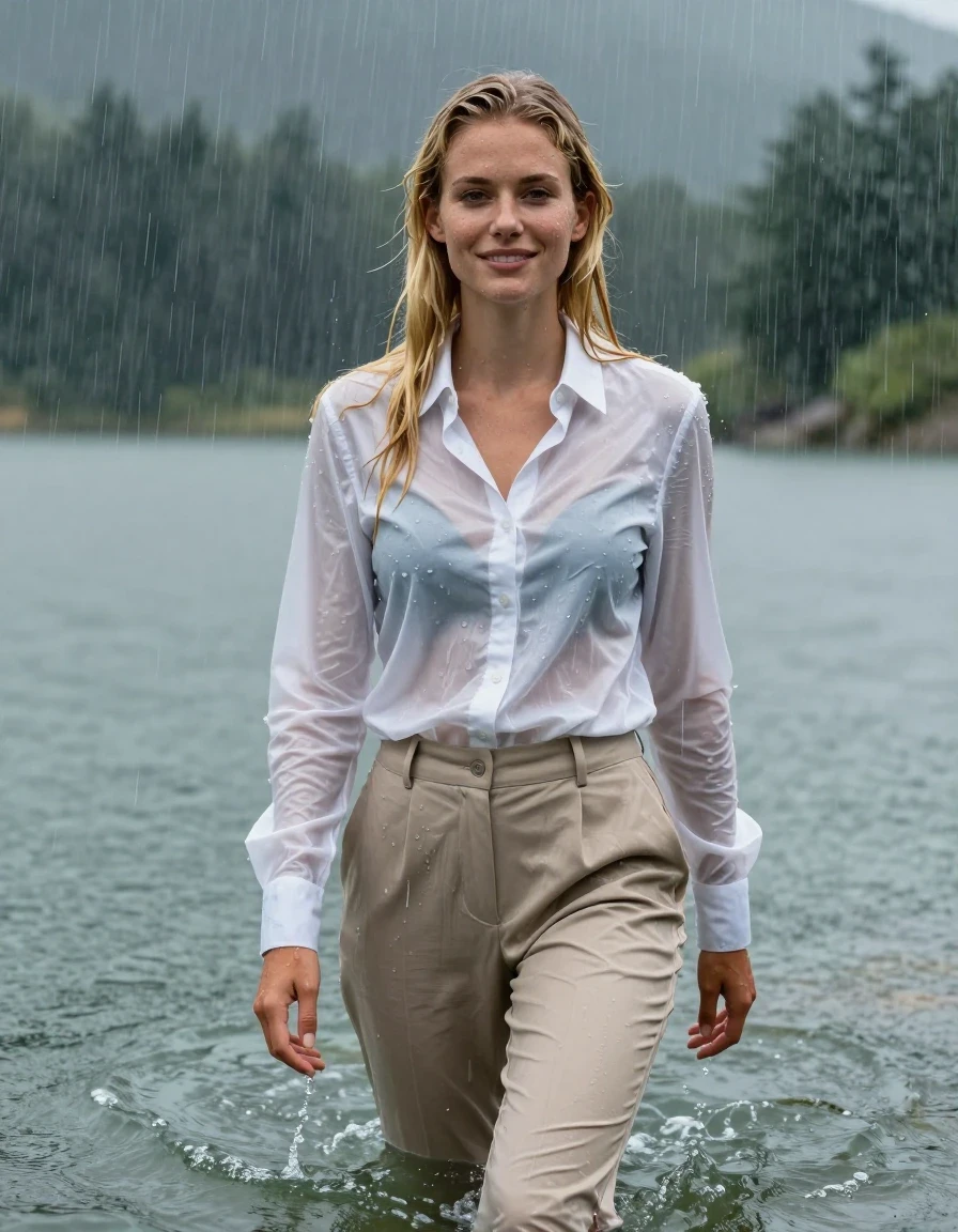 photo of young woman, in soaking wet, drenched clothes,
Beige Long Business Trouser, white button down business shirt longsleeve, Clear Mountain lake with heavy rain, heavy rainstorm, 
enjoying, wet clothes stuck to body,
detailed textures of the wet clothes, wet face, wet plastered hair,
wet, drenched, professional, high-quality details, full body view.
sharp focus, ultra-high pixel detail, realistic, high-quality, full colors, incredibly detailed, 4k, 8k, 16k, hyper-realistic, RAW photo, masterpiece, ultra-detailed, professionally color graded, professional photograph, young blonde girl, completely submerged, swimming in deep water, under a big rainshower, fully clothed, completely soaked, fully drenched, completely wet, wetlook, heavy rain, side parting, long hair, rain storm, looks happy into camera, wet skin, wet clothes, damp fabric, clinging to body, wet skin, wet clothes, damp fabric, wet skin, wet clothes, damp fabric, wet skin, wet clothes, damp fabric, translucent fabric, shirt tight tucked into trouser, wet skin, wet clothes, damp fabric