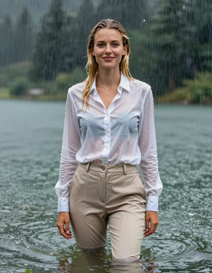 photo of young woman, in soaking wet, drenched clothes,
Beige Long Business Trouser, white button down business shirt longsleeve, Clear Mountain lake with heavy rain, heavy rainstorm, 
enjoying, wet clothes stuck to body,
detailed textures of the wet clothes, wet face, wet plastered hair,
wet, drenched, professional, high-quality details, full body view.
sharp focus, ultra-high pixel detail, realistic, high-quality, full colors, incredibly detailed, 4k, 8k, 16k, hyper-realistic, RAW photo, masterpiece, ultra-detailed, professionally color graded, professional photograph, young blonde girl, completely submerged, swimming in deep water, under a big rainshower, fully clothed, completely soaked, fully drenched, completely wet, wetlook, heavy rain, side parting, long hair, rain storm, looks happy into camera, wet skin, wet clothes, damp fabric, clinging to body, wet skin, wet clothes, damp fabric, wet skin, wet clothes, damp fabric, wet skin, wet clothes, damp fabric, translucent fabric, wet skin, wet clothes, damp fabric