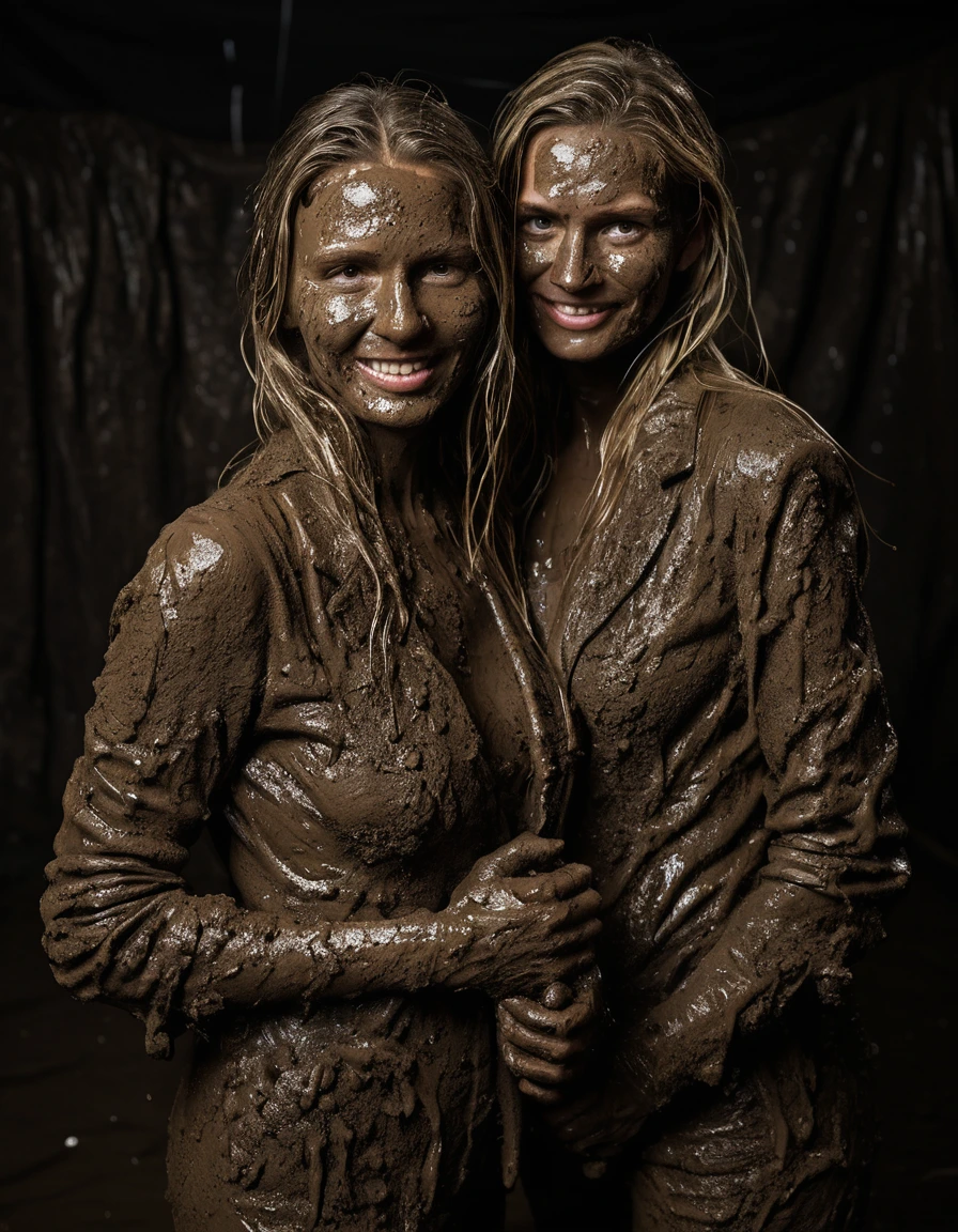 photo of young woman, in soaking wet, drenched clothes,
Muddy high heels, Long very muddy suit pants, Full muddy ruined fully-opened unbuttoned sexy blazer like a fancy uniform over topless with super sexy cleavage and exposed huge saggy boobs., Dark muddy indoor disco club at night. Deep mud on the floor, mud splashed walls, dripping mud from above, very dark mood lighting with pink and blue neon lights from above. Muddy chairs and sofas in the background. , 
enjoying, wet clothes stuck to body,
detailed textures of the wet clothes, wet face, wet plastered hair,
wet, drenched, professional, high-quality details, full body view.
sharp focus, ultra-high pixel detail, realistic, high-quality, full colors, incredibly detailed, 4k, 8k, 16k, hyper-realistic, RAW photo, masterpiece, ultra-detailed, professionally color graded, professional photograph, Three stunning blonde 60 years old beautiful gleaming grannies are wallowing together in the deep muddy pool after a full dip in it and holding a glass of champagne in their hands during the crazy muddy indoor disco party at night and posing for a professional photo. They are proudly wearing their fully and heavily mud-covered unbuttoned and opened sexy suits which fully exposing their large sexy and saggy muddy boobs. Focus on the large muddy cleavages of the blazers and on the bravely displayed large muddy heavy saggy boobs. Every small details of the clothes are muddy, muddy beautiful faces, muddy chests and boobs. Their blazer has the same colour as their muddy pants. The classy elegant disco club is totally destroyed by mud, mud spots everywhere, mud flows down on the walls, mud on the furnitures in the background. Straight muddy very long open wavy hairstyle, muddy hair, smiling and satisfied beautiful muddy faces, blue eyes, necklaces, earrings, lipstick. The women are enjoying to being total muddy in the muddy pool, being sexy, naughty while they are enjoying the muddy fetish party. Realistic muddy boobs and photorealistic detailed smiling facial expressions. Intimate close-up picture about the women. Close-up photo from front view, highly realistic representation, ultra sharp focus, highly photorealistic detailed textures, highly photorealistic detailed facial features and expressions, highly photorealistic hands, highly emotional reactions, highly best quality, highly sharp photorealistic image, highly photorealistic details, full UHD resolution, 32 K, very high level of detail and image sharpness, zoomed in, dry skin, dry clothes, dry fabric, dry skin, dry clothes, dry fabric, dry skin, dry clothes, dry fabric, dry skin, dry clothes, dry fabric, dry skin, dry clothes, dry fabric, dry skin, dry clothes, dry fabric, wet skin, wet clothes, damp fabric