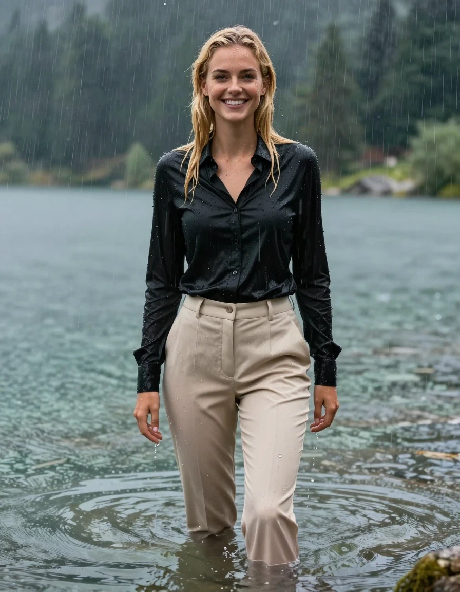 photo of young woman, in soaking wet, drenched clothes,
Beige Long Business Trouser, Black button down business shirt longsleeve, Clear Mountain lake with heavy rain, heavy rainstorm, 
enjoying, wet clothes stuck to body,
detailed textures of the wet clothes, wet face, wet plastered hair,
wet, drenched, professional, high-quality details, full body view.
sharp focus, ultra-high pixel detail, realistic, high-quality, full colors, incredibly detailed, 4k, 8k, 16k, hyper-realistic, RAW photo, masterpiece, ultra-detailed, professionally color graded, professional photograph, young blonde girl, completely submerged, swimming in deep water, under a big rainshower, fully clothed, completely soaked, fully drenched, completely wet, wetlook, heavy rain, side parting, long hair, rain storm, looks happy into camera, wet skin, wet clothes, damp fabric, clinging to body, wet skin, wet clothes, damp fabric, wet skin, wet clothes, damp fabric, wet skin, wet clothes, damp fabric, shirt tight tucked into trouser, wet skin, wet clothes, damp fabric