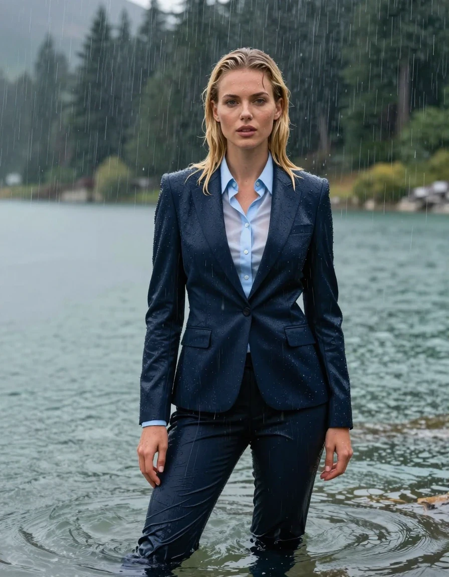 photo of young woman, in soaking wet, drenched clothes,
Dark Blue Long Business Trouser, Dark Blue Business Suit Jacket with Light Blue button down business shirt longsleeve, Clear Mountain lake with heavy rain, heavy rainstorm, 
enjoying, wet clothes stuck to body,
detailed textures of the wet clothes, wet face, wet plastered hair,
wet, drenched, professional, high-quality details, full body view.
sharp focus, ultra-high pixel detail, realistic, high-quality, full colors, incredibly detailed, 4k, 8k, 16k, hyper-realistic, RAW photo, masterpiece, ultra-detailed, professionally color graded, professional photograph, young blonde girl, completely submerged, swimming in deep water, under a big rainshower, fully clothed, completely soaked, fully drenched, completely wet, wetlook, heavy rain, side parting, long hair, rain storm, looks confidently into camera, wet skin, wet clothes, damp fabric, clinging to body, wet skin, wet clothes, damp fabric, wet skin, wet clothes, damp fabric, translucent shirt, wet skin, wet clothes, damp fabric
